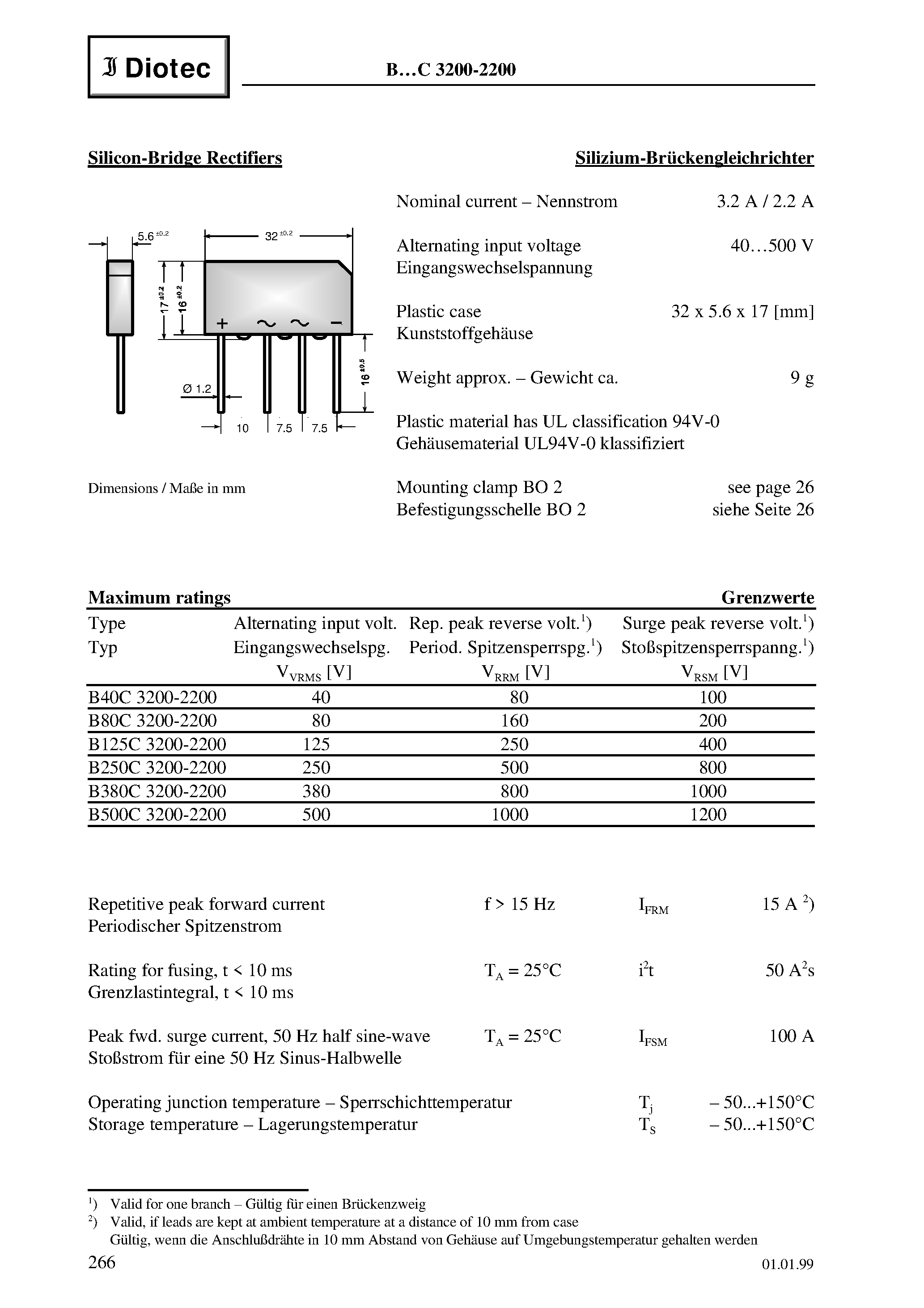 Datasheet B500C3200-2200 page 1 Datasheet B500C3200-2200 - Silicon-Bridge Rectifiers page 1