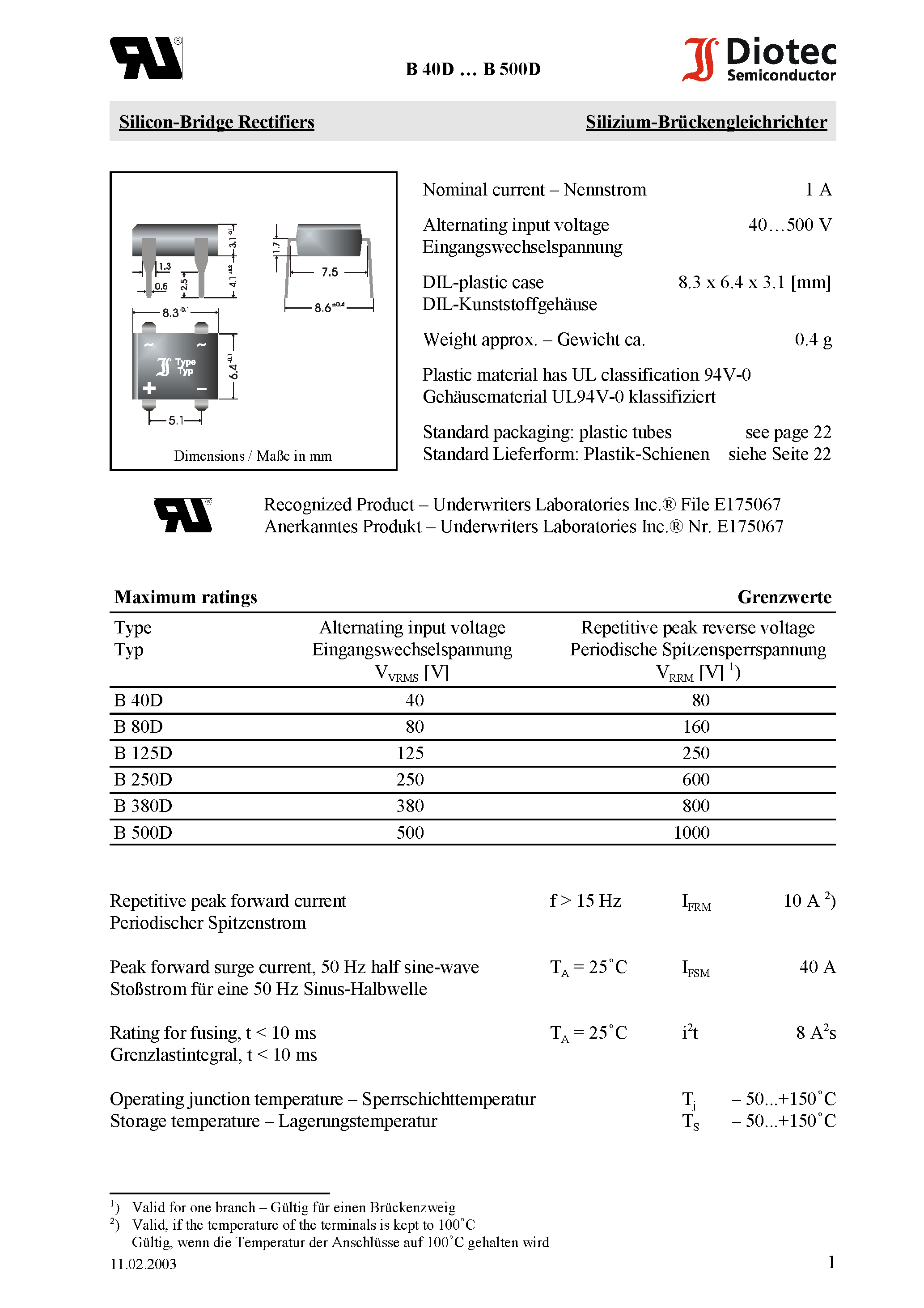Datasheet B500D page 1 Datasheet B500D - Silicon-Bridge Rectifiers page 1