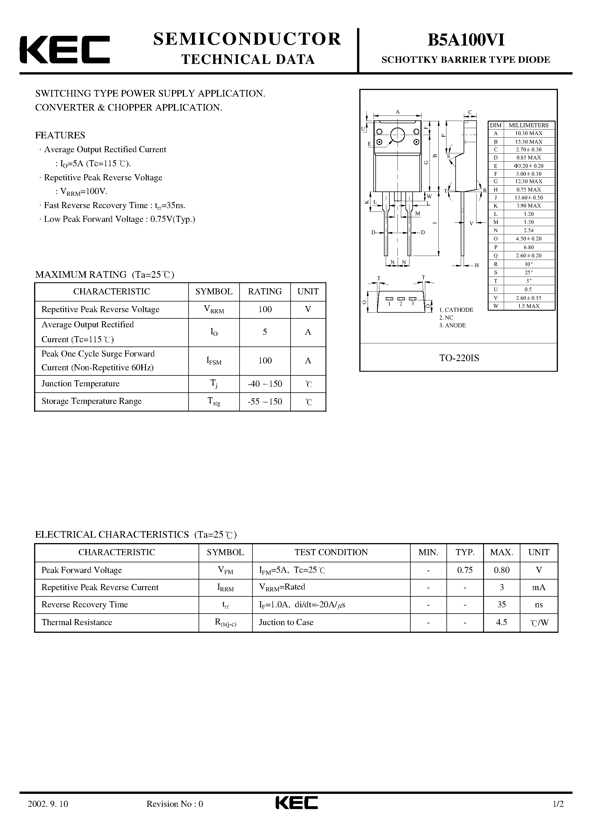 Datasheet B5A100VI page 1 Datasheet B5A100VI - SCHOTTKY BARRIER TYPE DIODE (SWITCHING TYPE POWER SUPPLY/ CONVERTER & CHOPPER) page 1