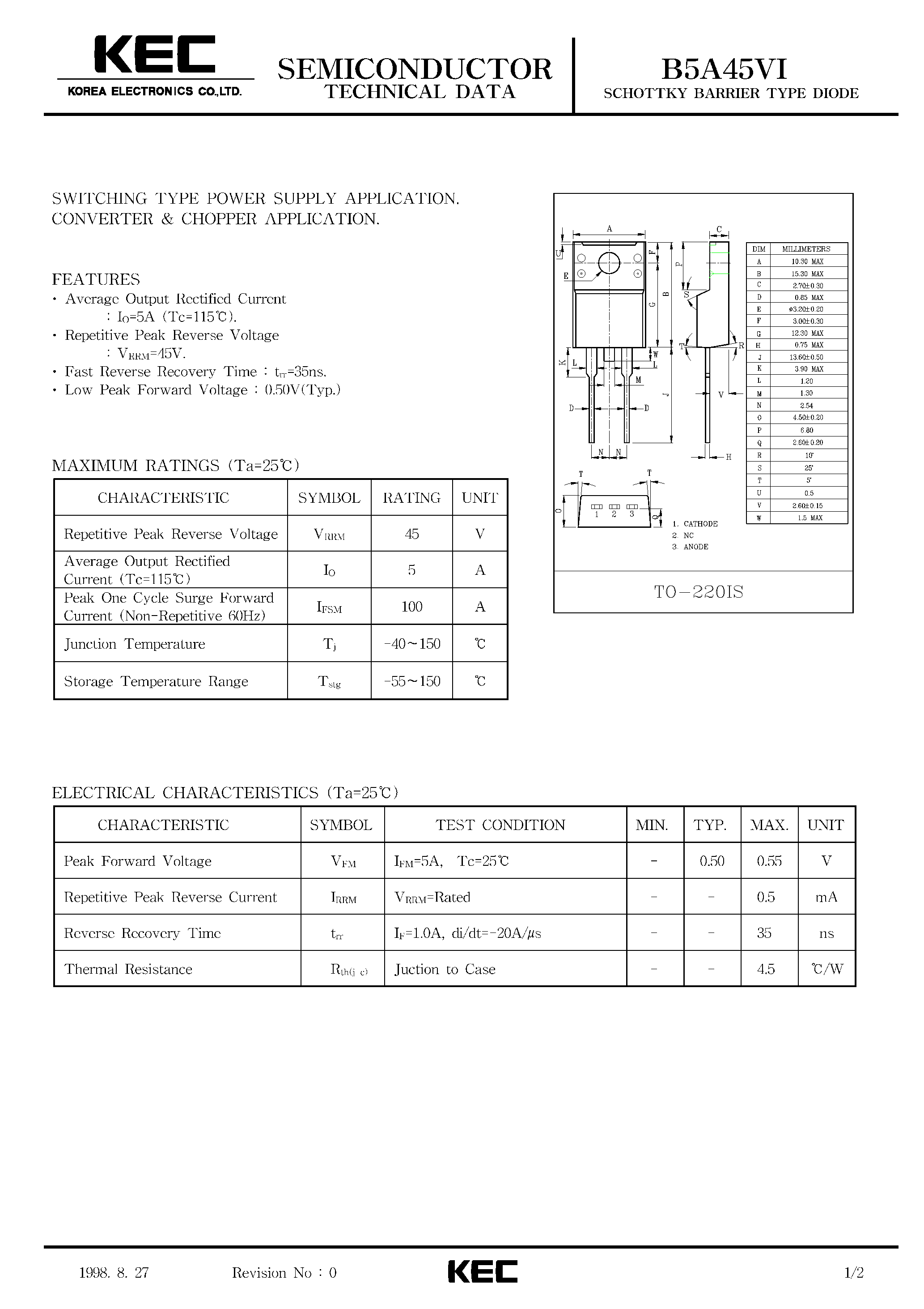 Datasheet B5A45VI page 1 Datasheet B5A45VI - SCHOTTKY BARRIER TYPE DIODE (SWITCHING TYPE POWER SUPPLY/ CONVERTER & CHOPPER) page 1