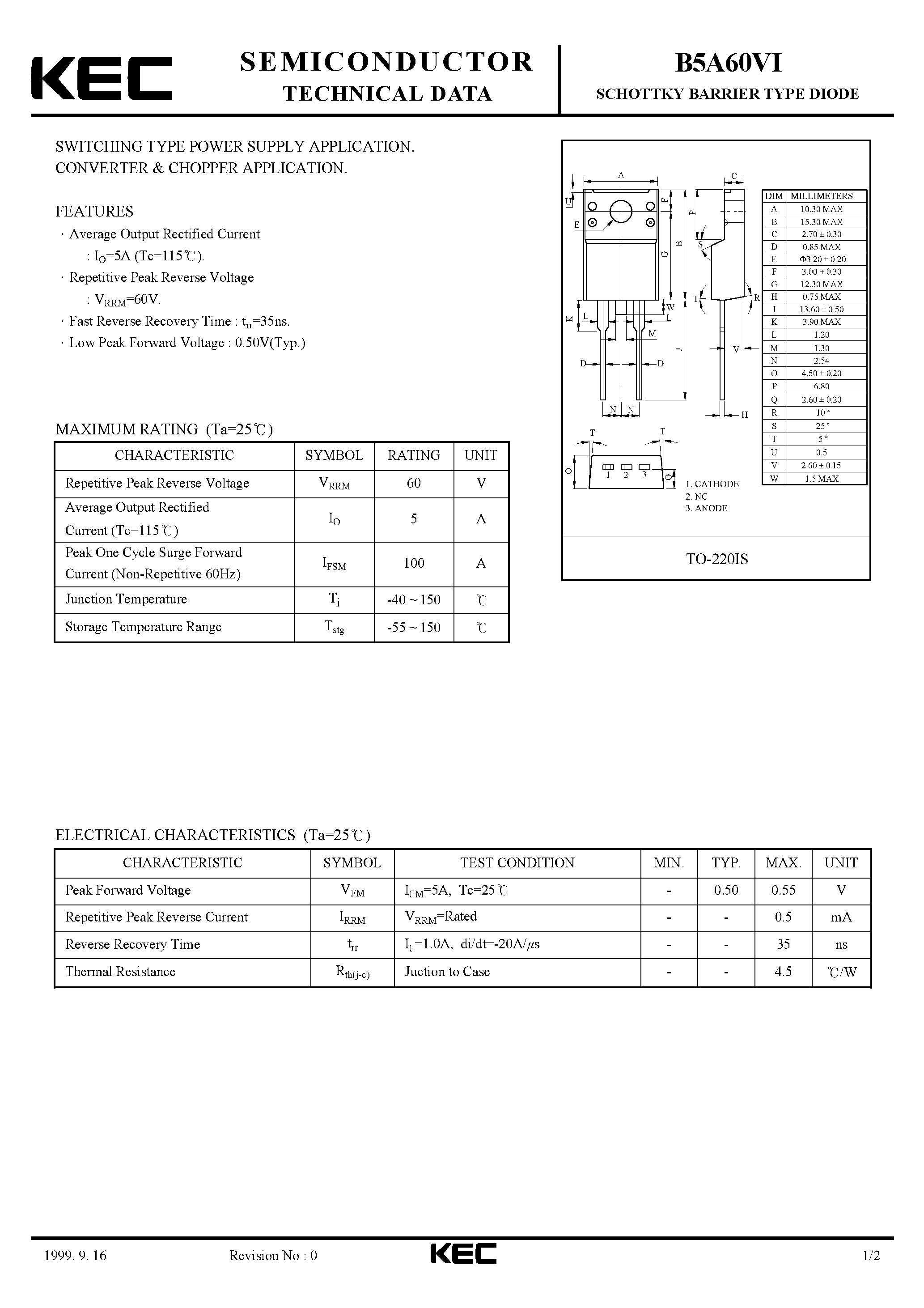Datasheet B5A60 page 1 Datasheet B5A60 - SCHOTTKY BARRIER TYPE DIODE STACK (SWITCHING TYPE POWER SUPPLY/ CONVERTER & CHOPPER) page 1