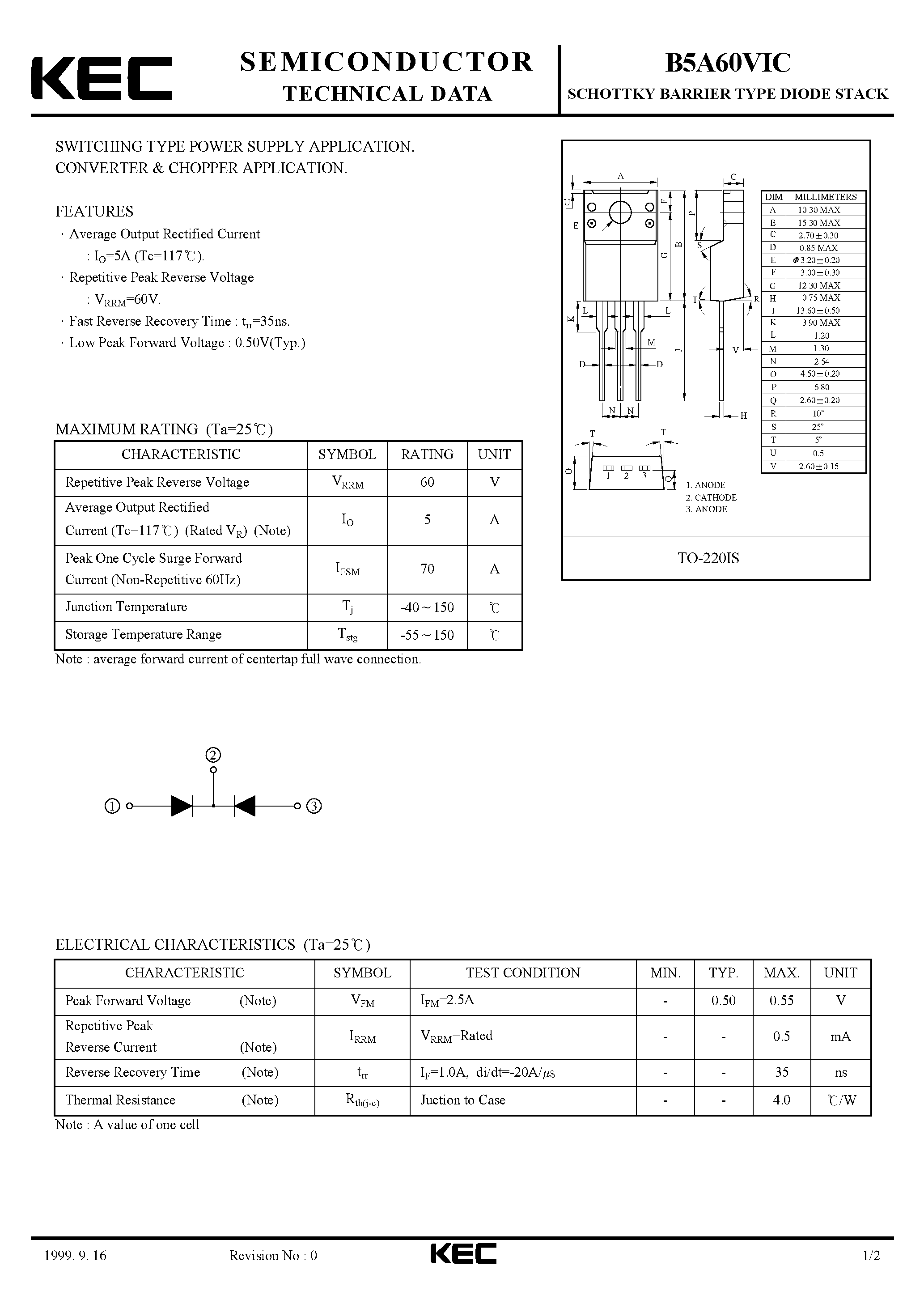 Datasheet B5A60VIC - SCHOTTKY BARRIER TYPE DIODE STACK (SWITCHING TYPE POWER SUPPLY/ CONVERTER & CHOPPER) page 1