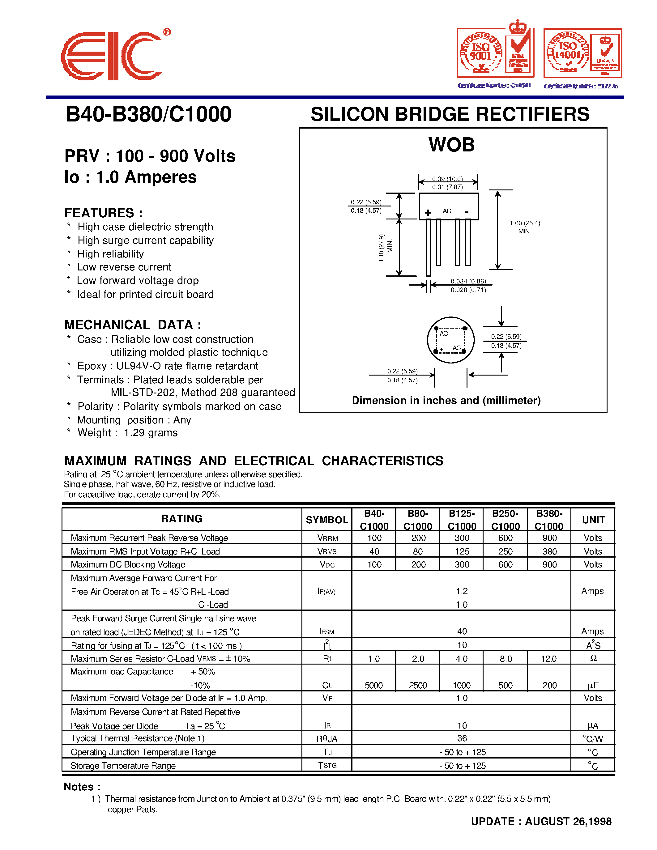Datasheet B80-C1000 page 1 Datasheet B80-C1000 - SILICON BRIDGE RECTIFIERS page 1