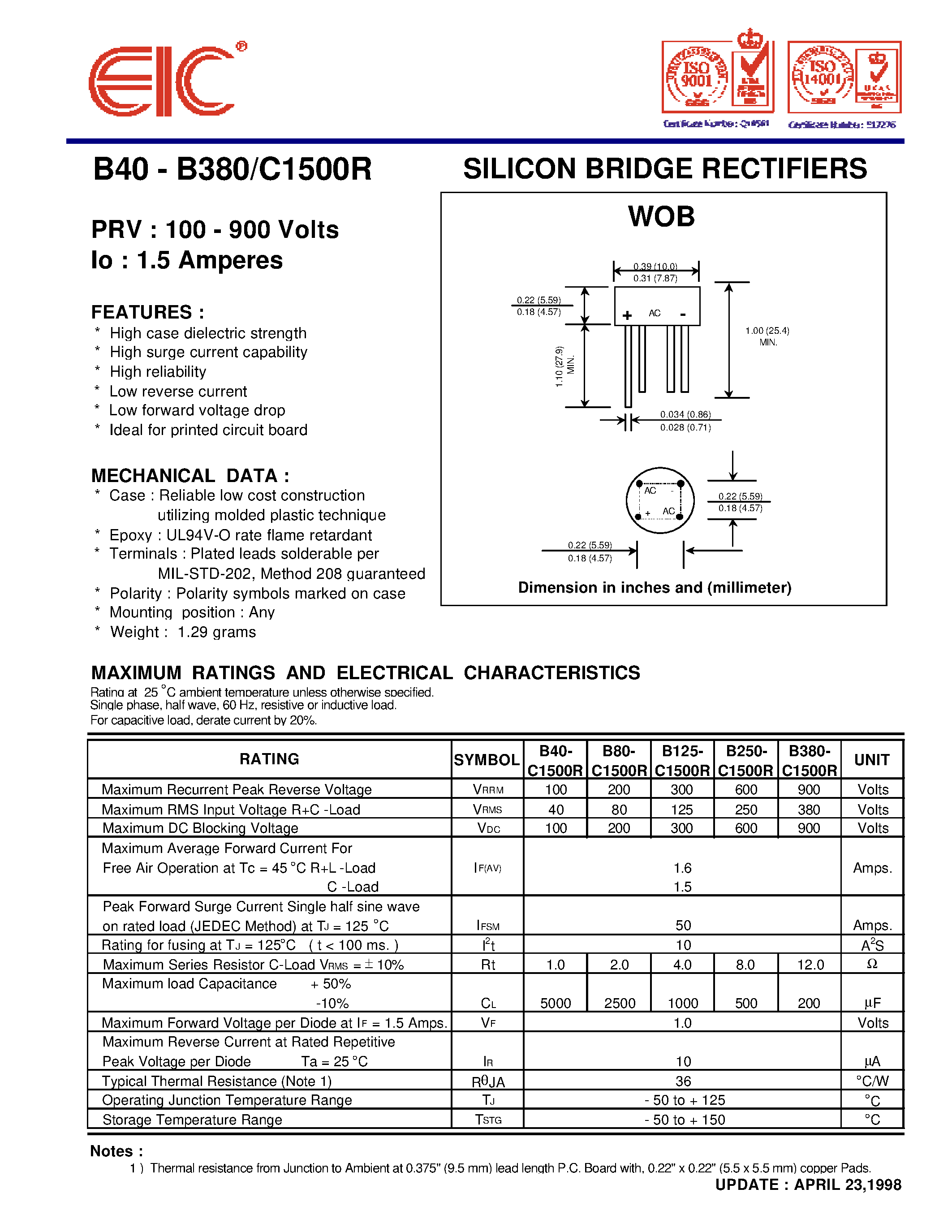 Datasheet B80-C1500R page 1 Datasheet B80-C1500R - SILICON BRIDGE RECTIFIERS page 1