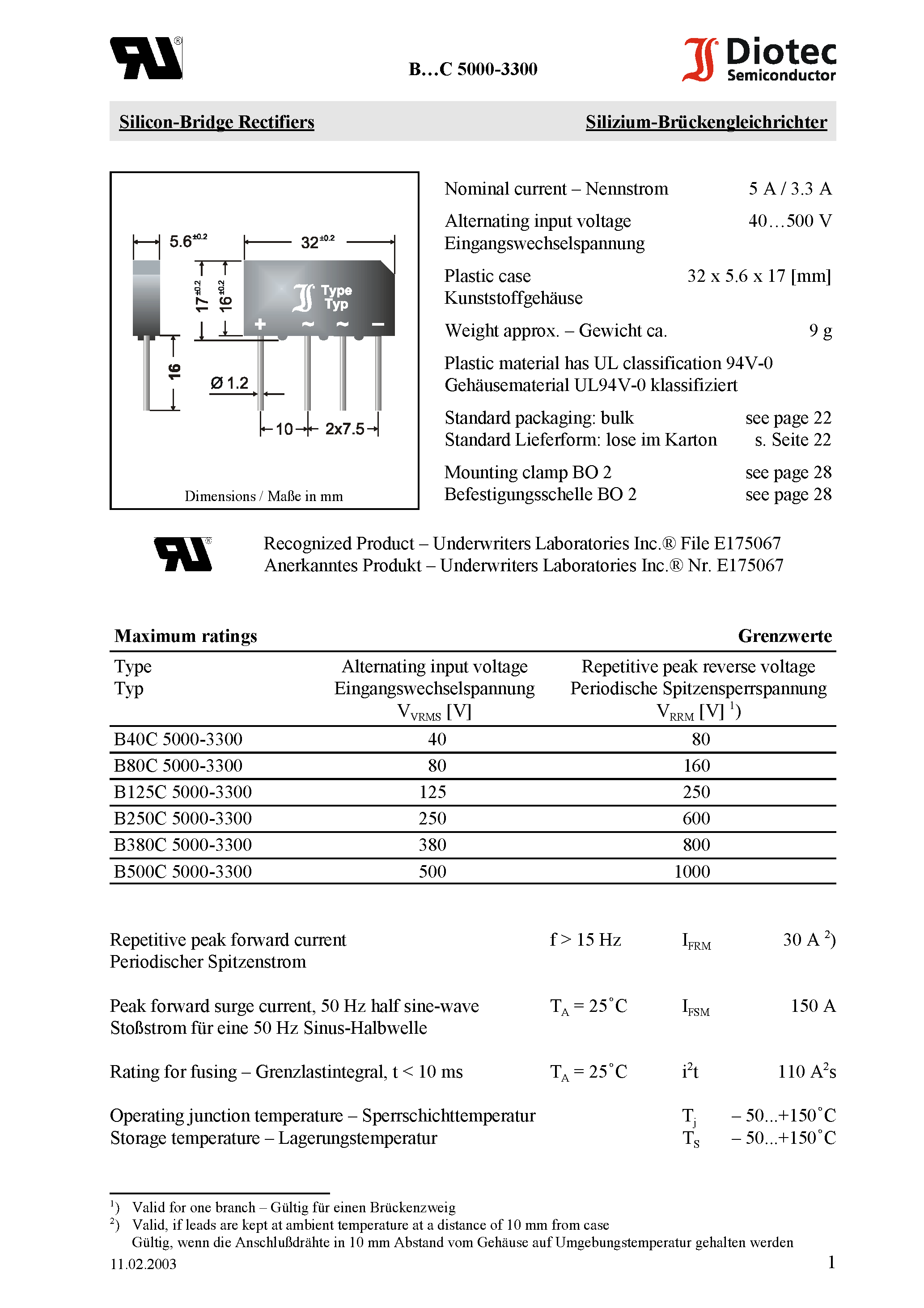 Datasheet B80C5000-3300 page 1 Datasheet B80C5000-3300 - Silicon-Bridge Rectifiers page 1
