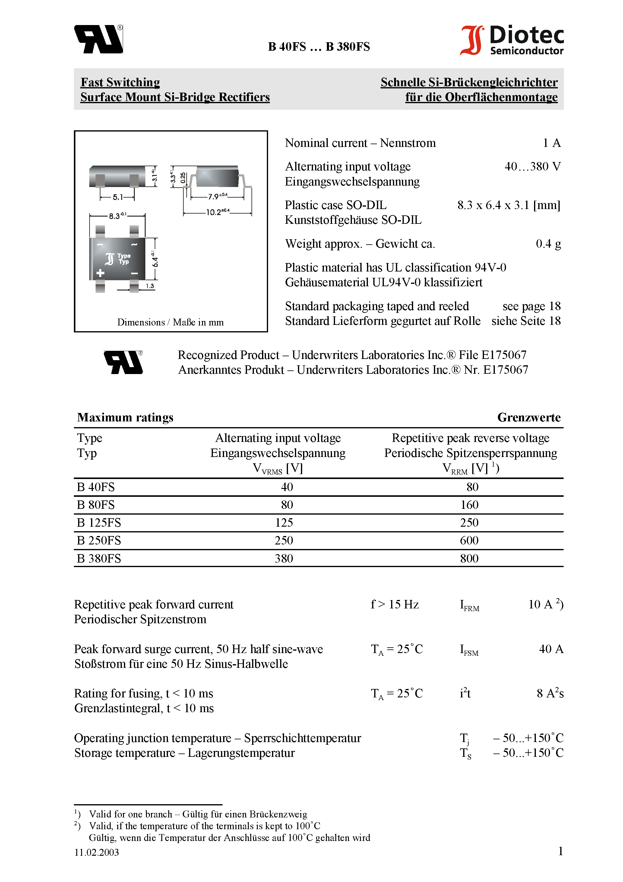 Datasheet B80FS page 1 Datasheet B80FS - Fast Switching Surface Mount Si-Bridge Rectifiers page 1