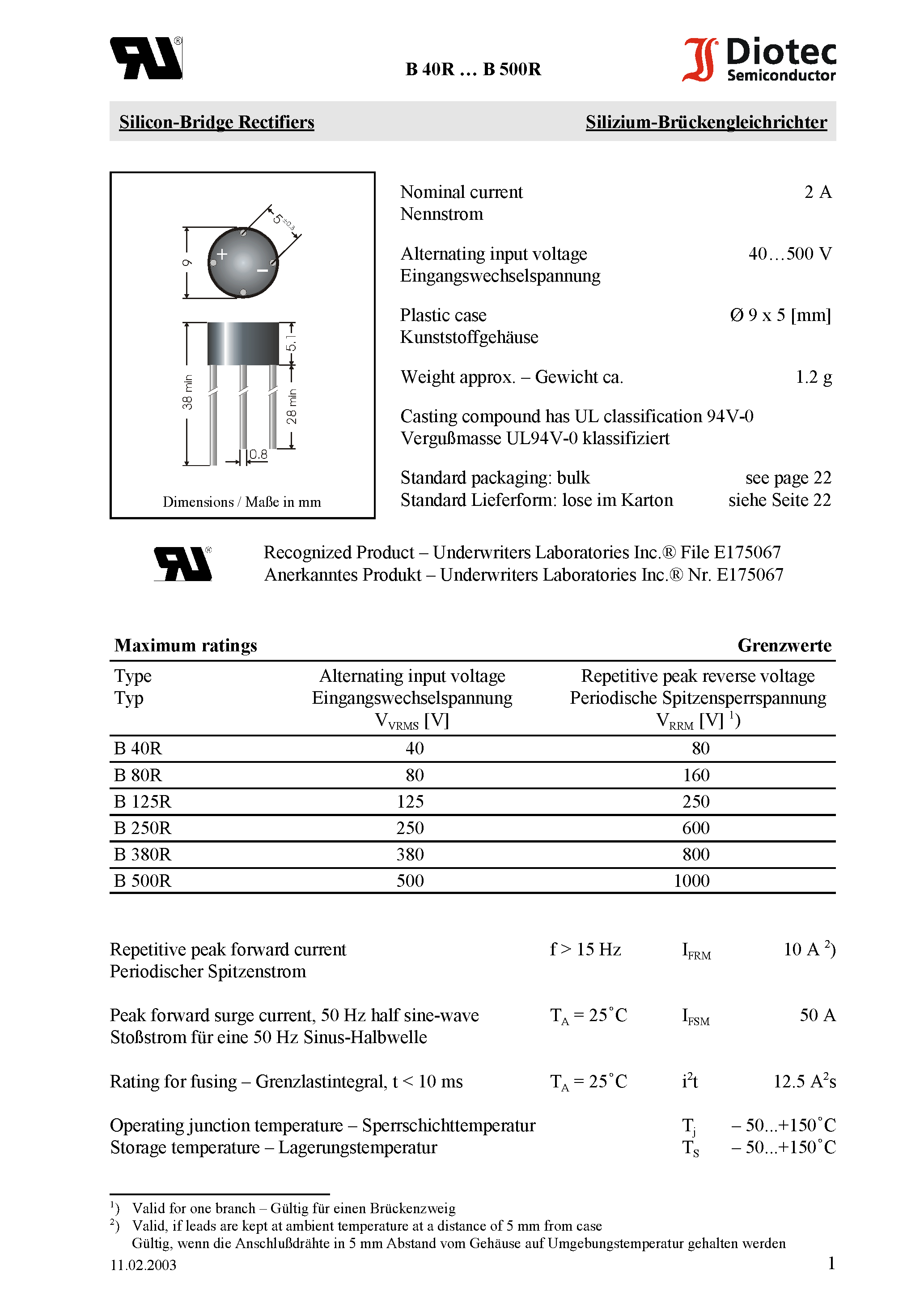 Datasheet B80R page 1 Datasheet B80R - Silicon-Bridge Rectifiers page 1
