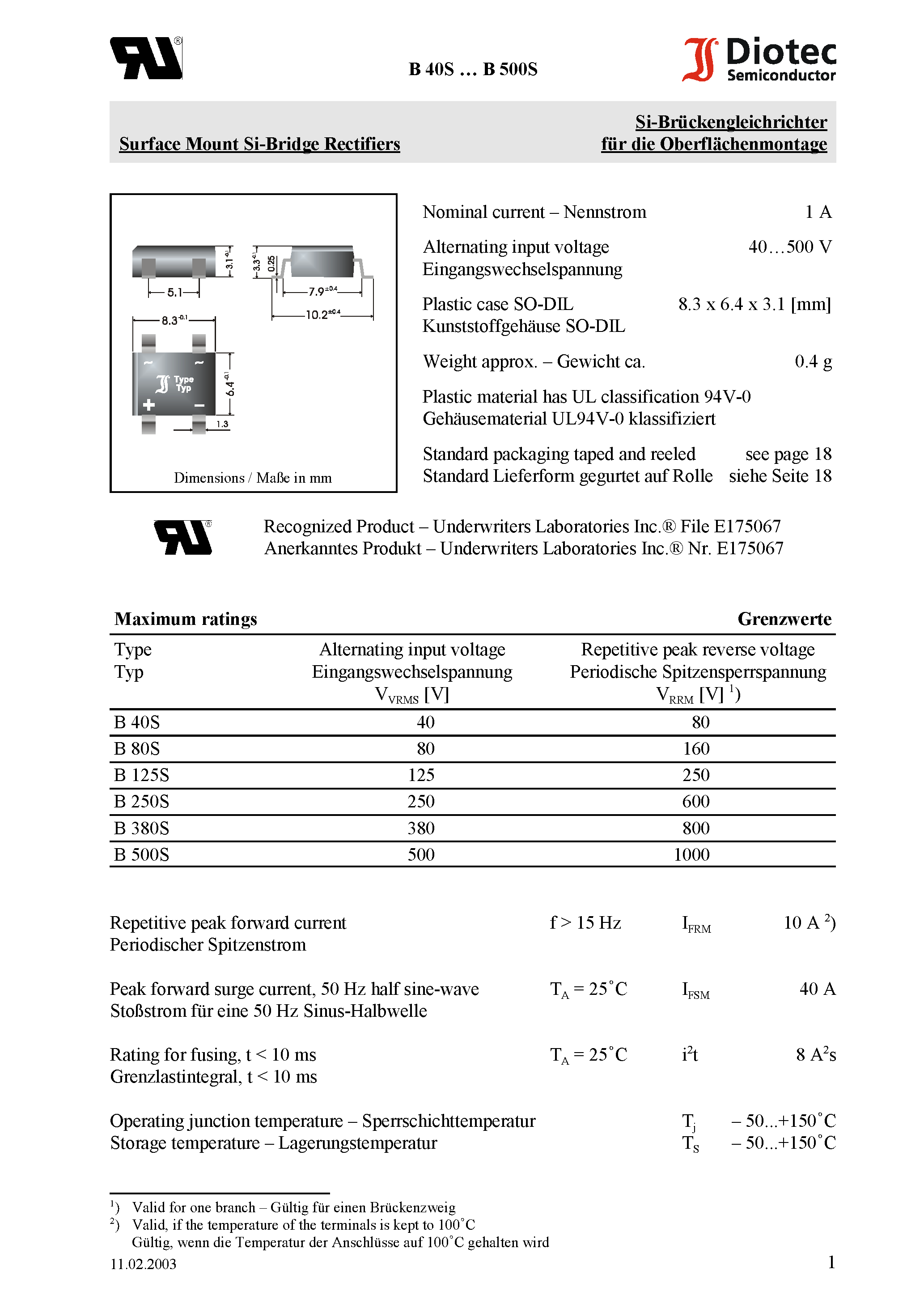Datasheet B80S page 1 Datasheet B80S - Surface Mount Si-Bridge Rectifiers page 1