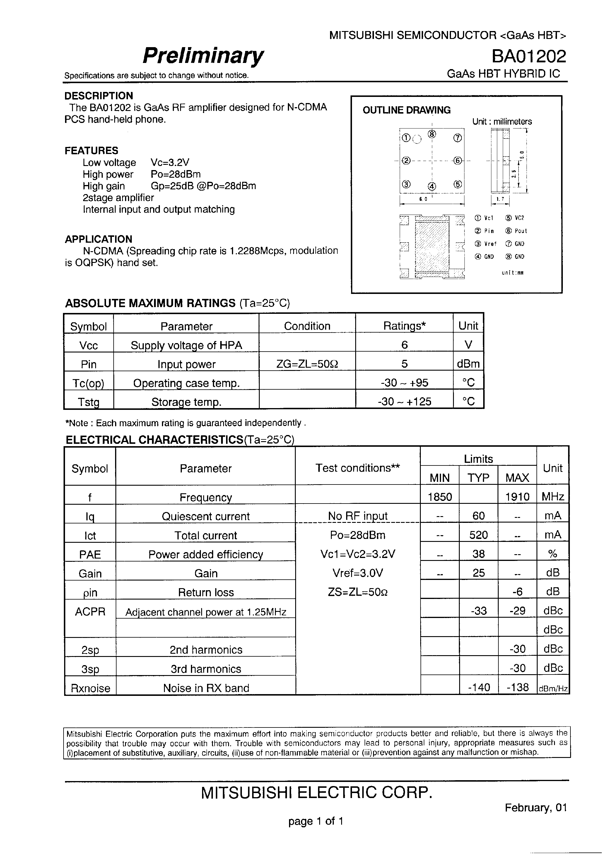 Datasheet BA01202 - GaAs HBT HYBRID IC(N-CDMA hand set) page 1