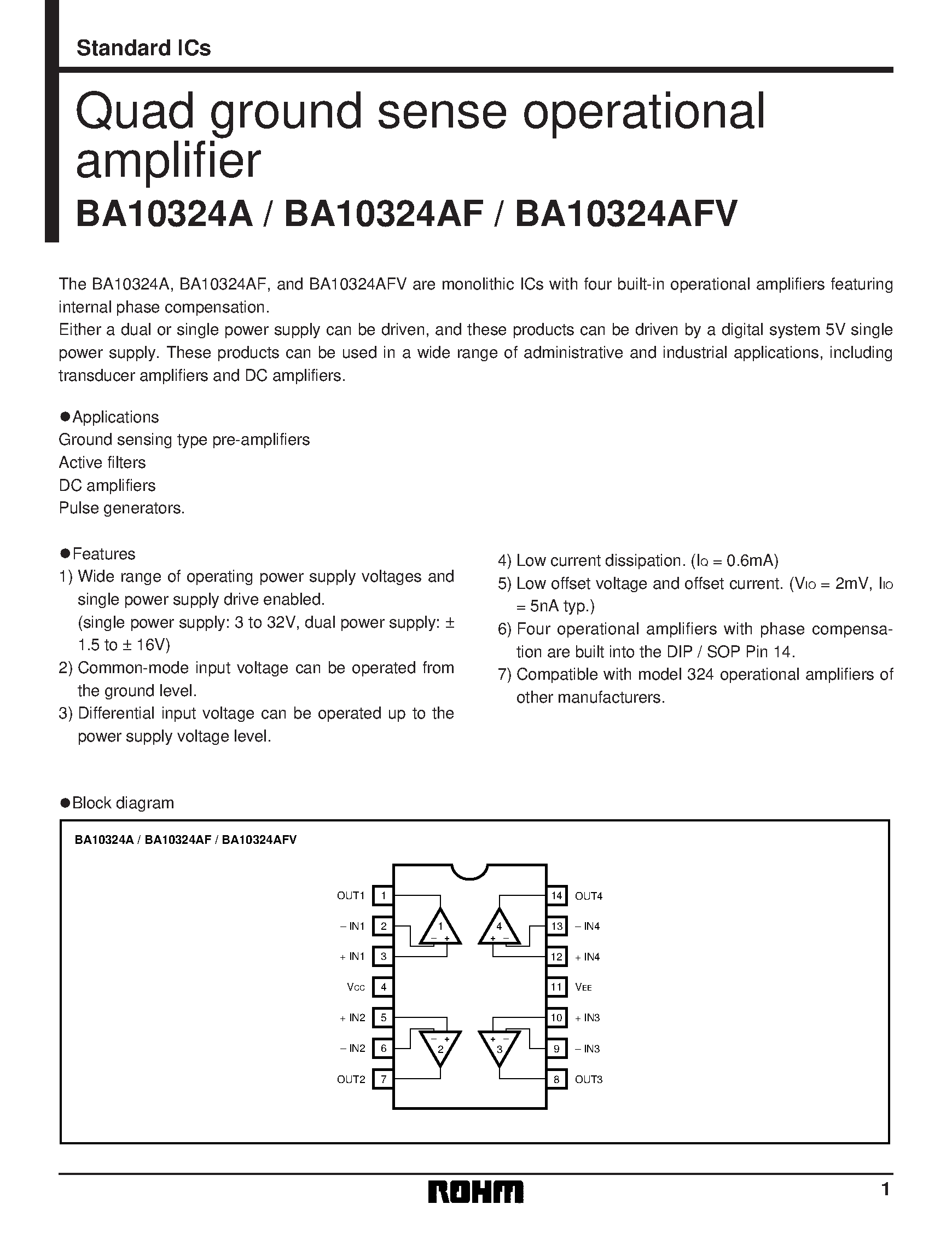 Даташит на микросхему BA10324 страница 1 Даташит BA10324 - Quad ground sense operational страница 1