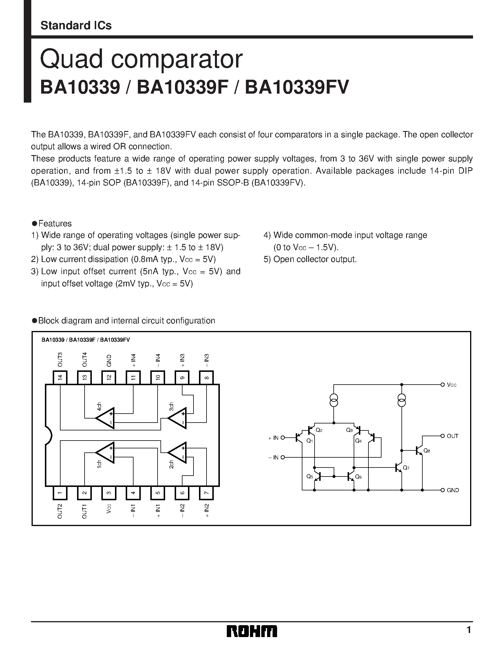 Даташит на микросхему BA10339 страница 1 Даташит BA10339 - Quad comparator страница 1