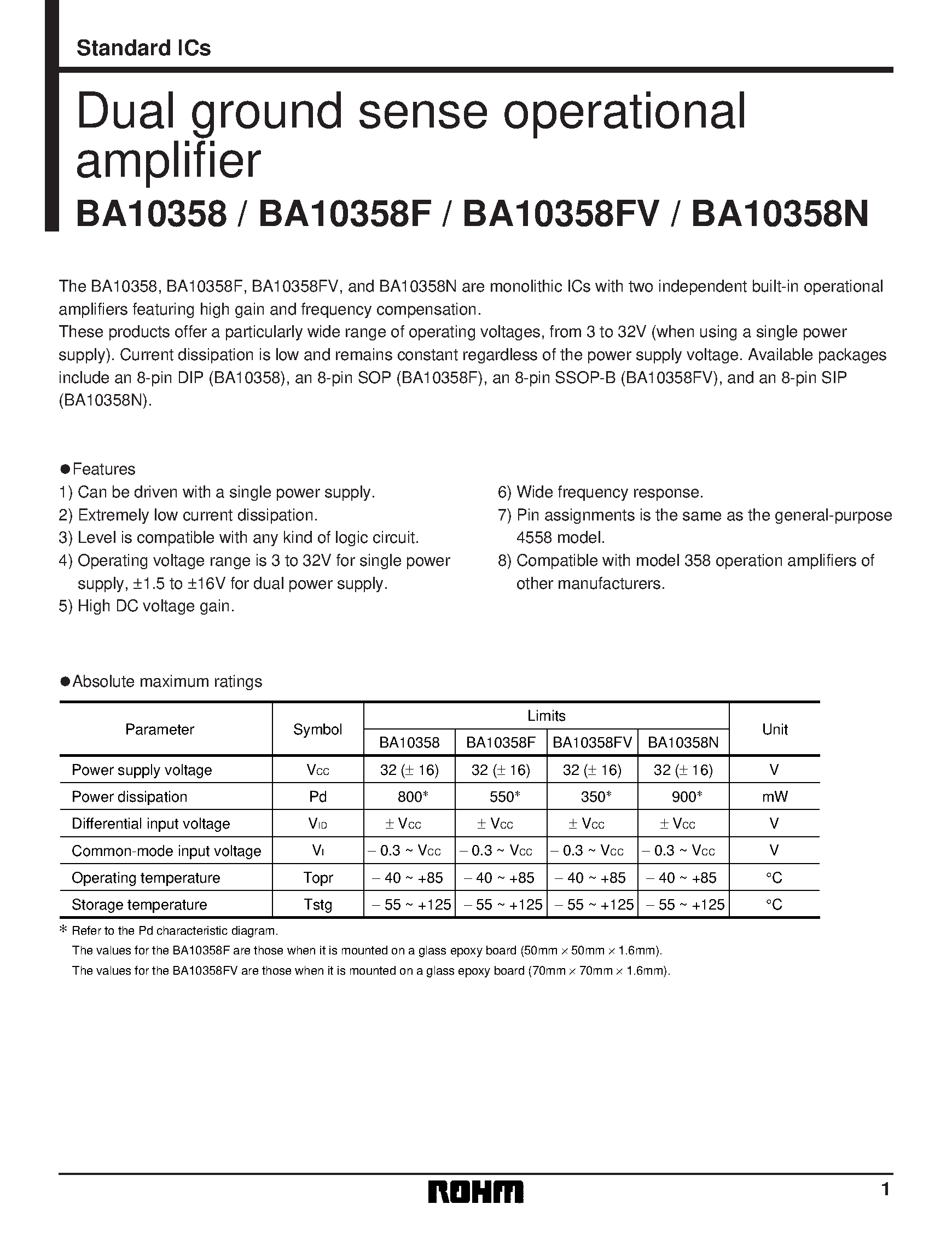 Даташит BA10358 - Dual ground sense operational amplifier страница 1