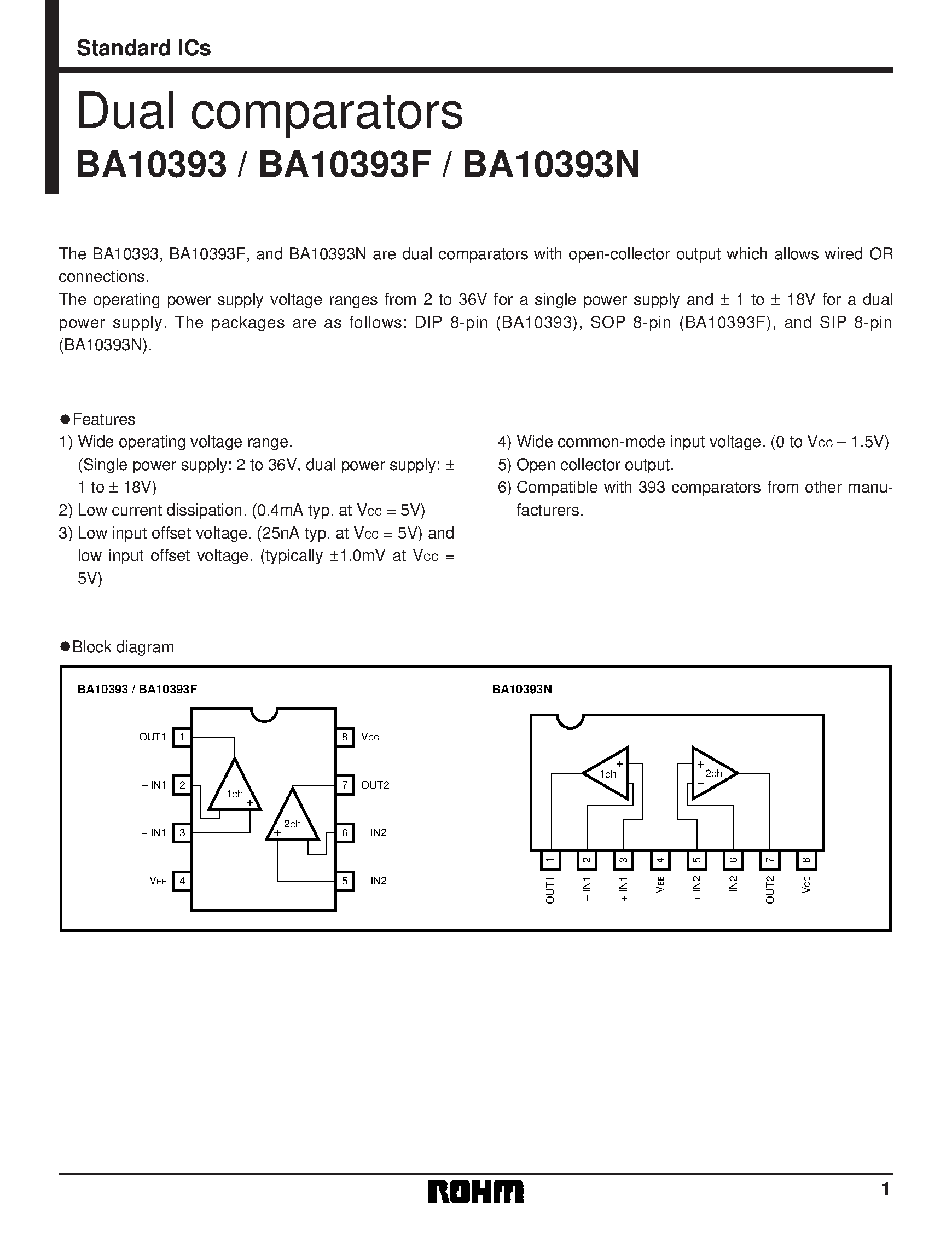 Даташит BA10393N - Dual comparators страница 1