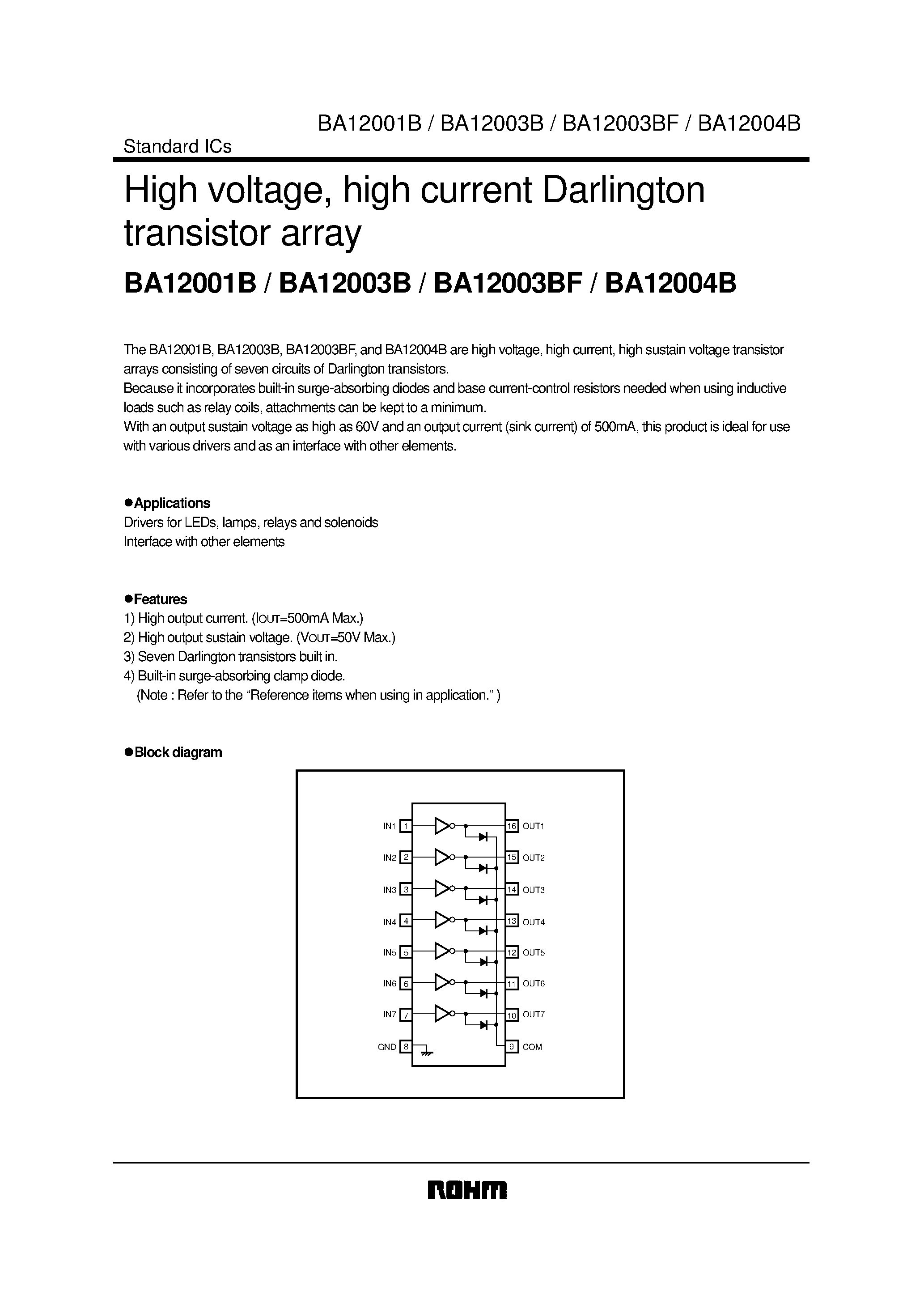 Даташит BA12001B - High voltage/ high current Darlington transistor array страница 1