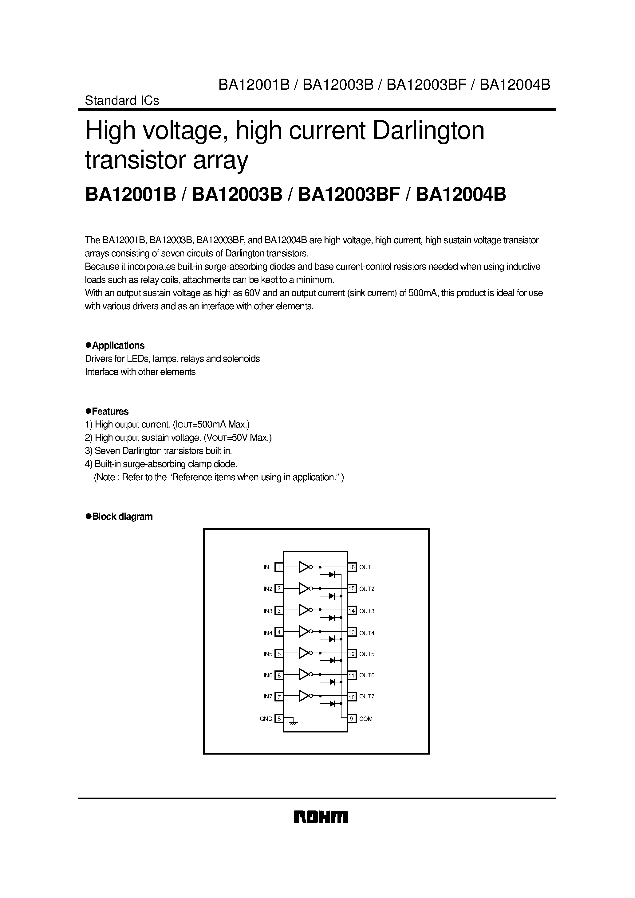 Даташит на микросхему BA12003BF страница 1 Даташит BA12003BF - High voltage/ high current Darlington transistor array страница 1