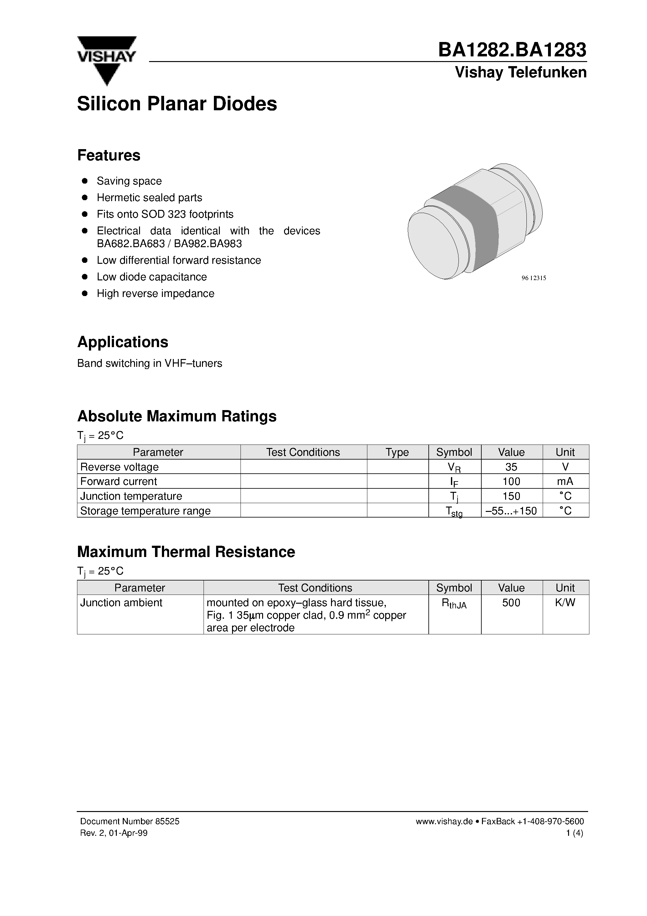 Даташит на микросхему BA1283 страница 1 Даташит BA1283 - Silicon Planar Diodes страница 1