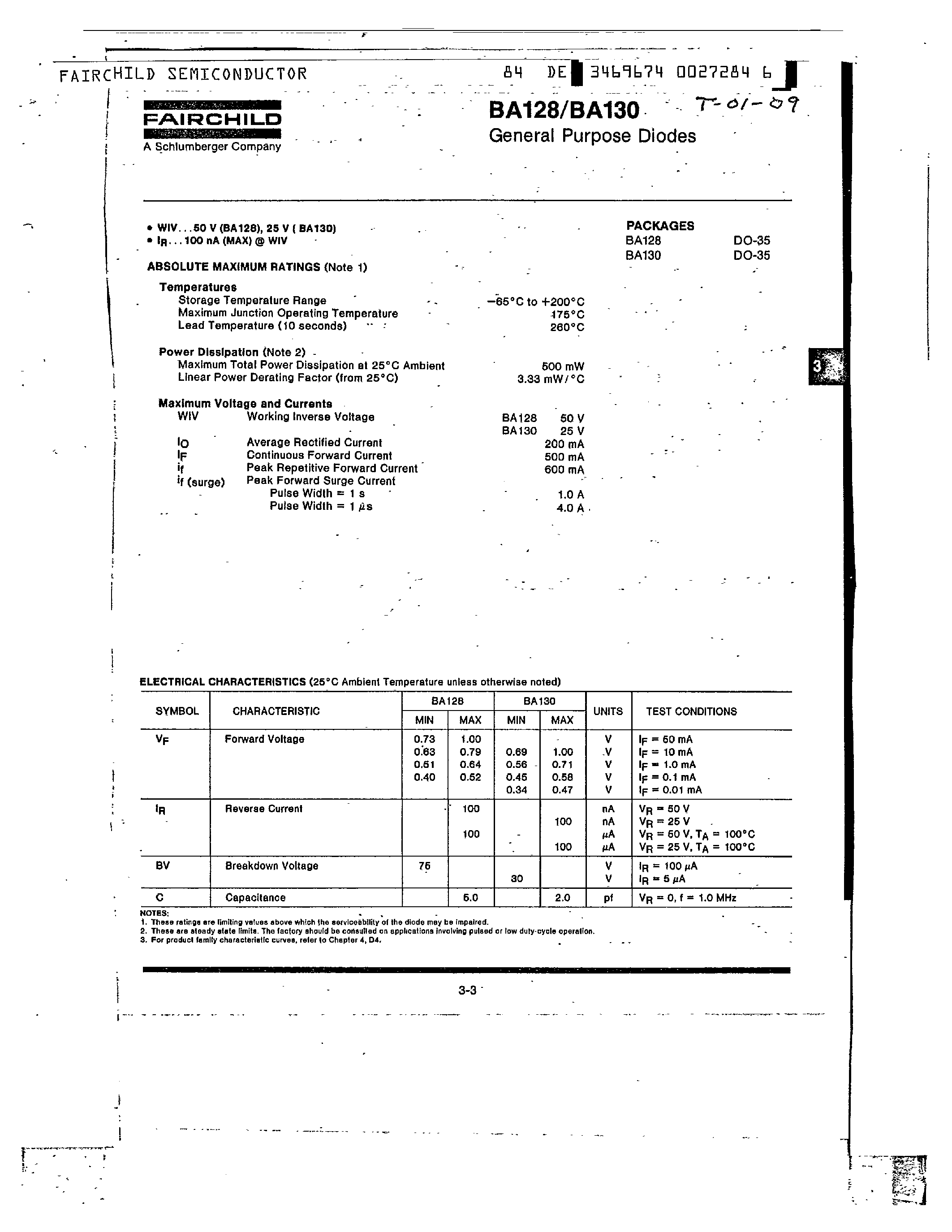 Datasheet BA130 - General Purpose Diodes page 1