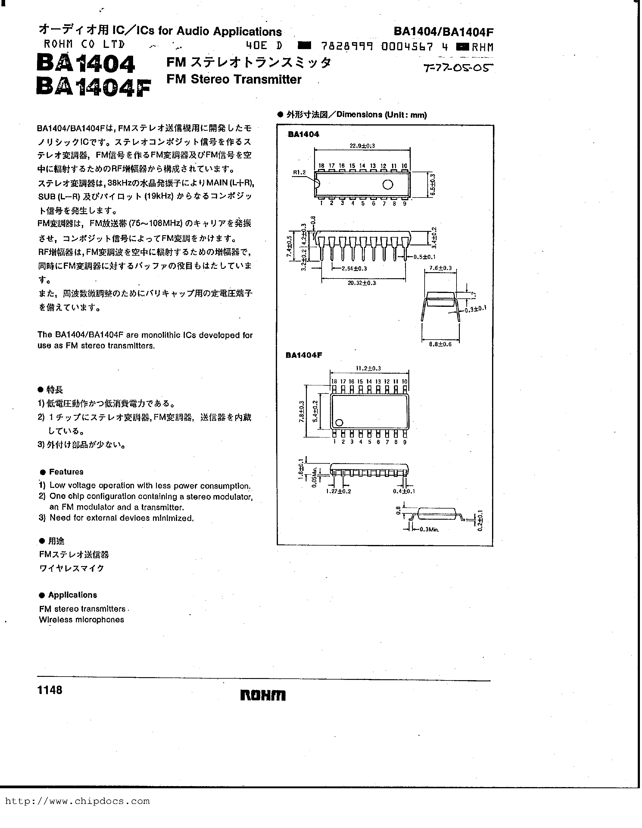 Даташит на микросхему BA1404F страница 1 Даташит BA1404F - Fm Stereo Transmitter страница 1