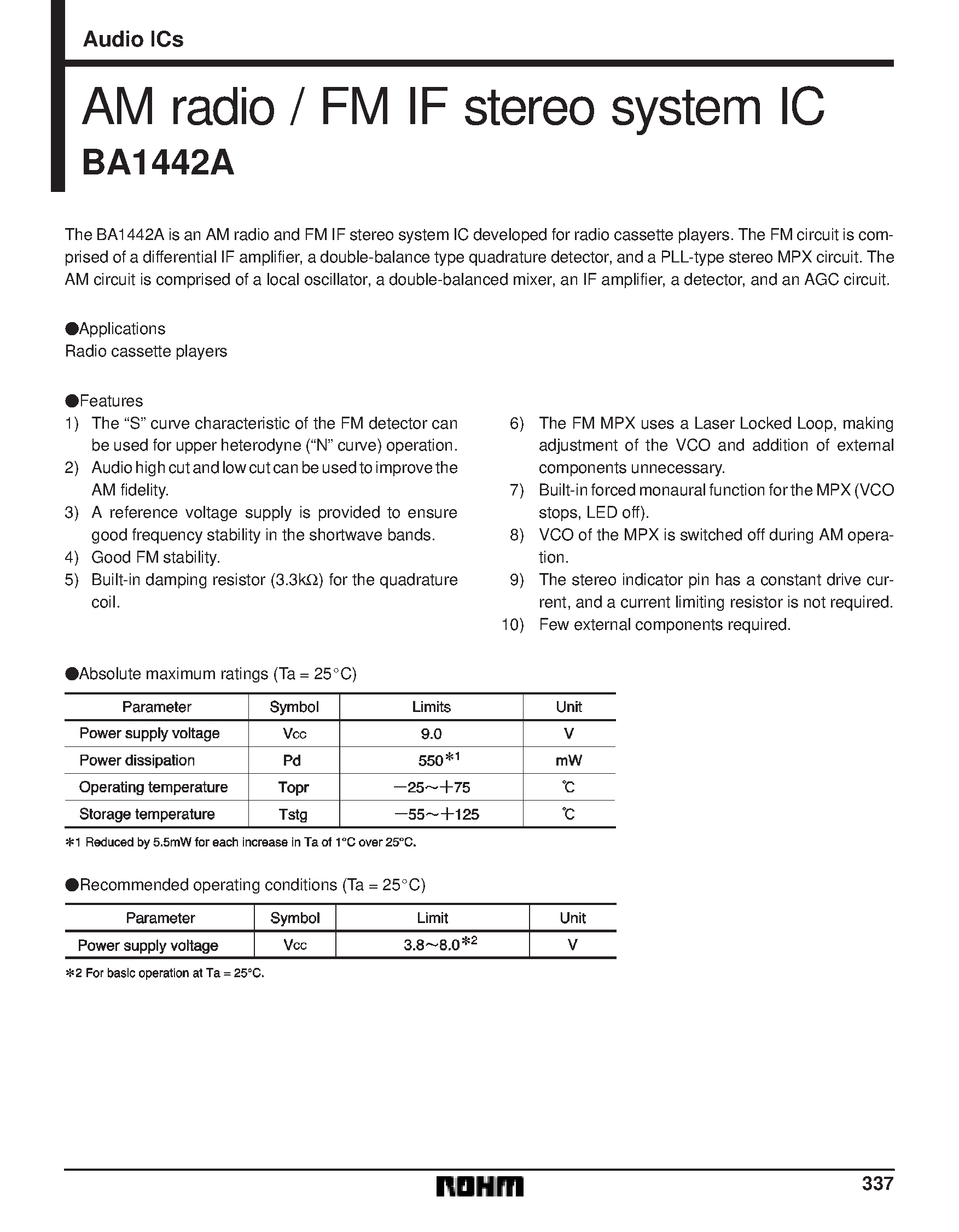 Datasheet BA1442A - AM radio / FM IF stereo system IC page 1