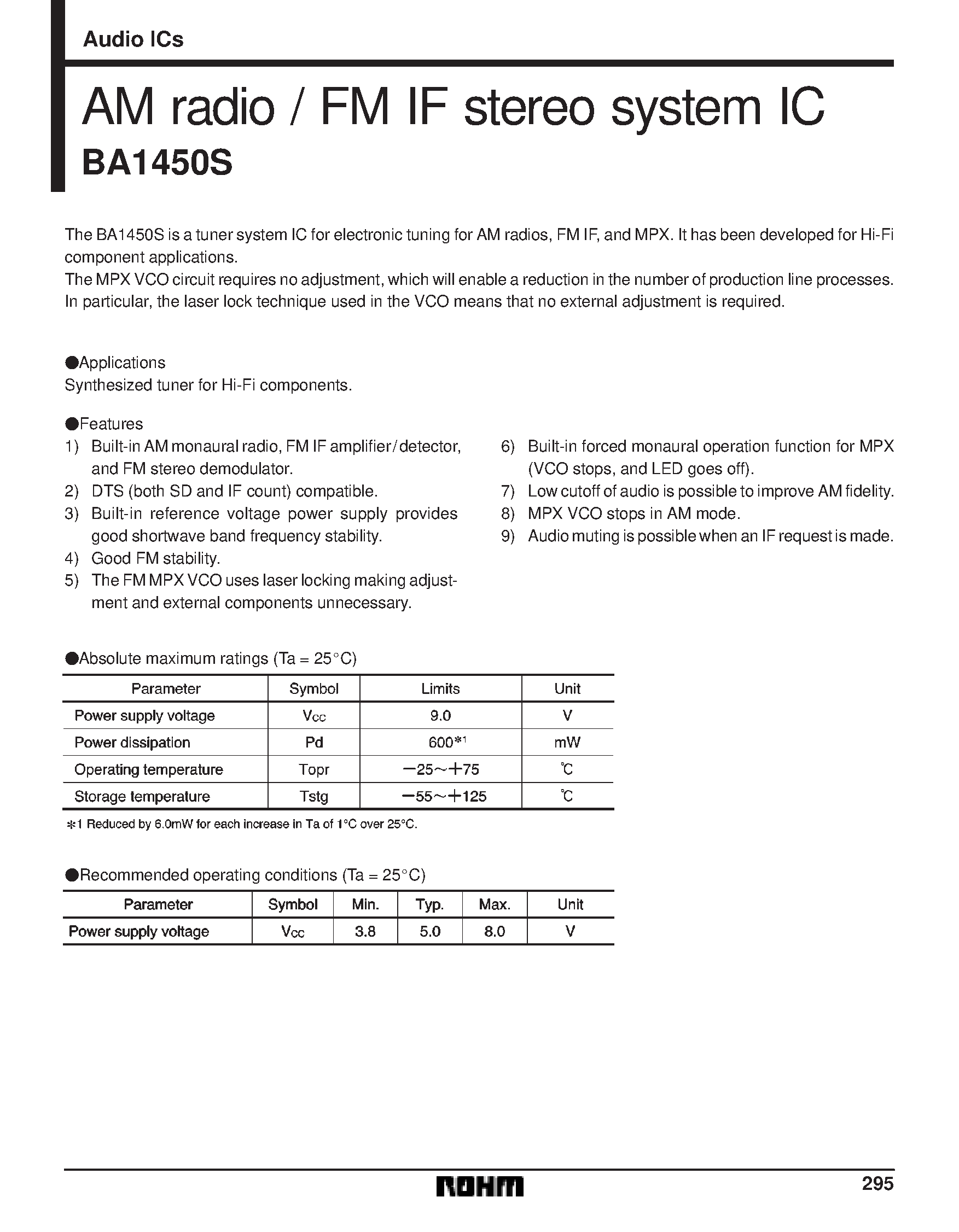 Datasheet BA1450S page 1 Datasheet BA1450S - AM radio / FM IF stereo system IC page 1