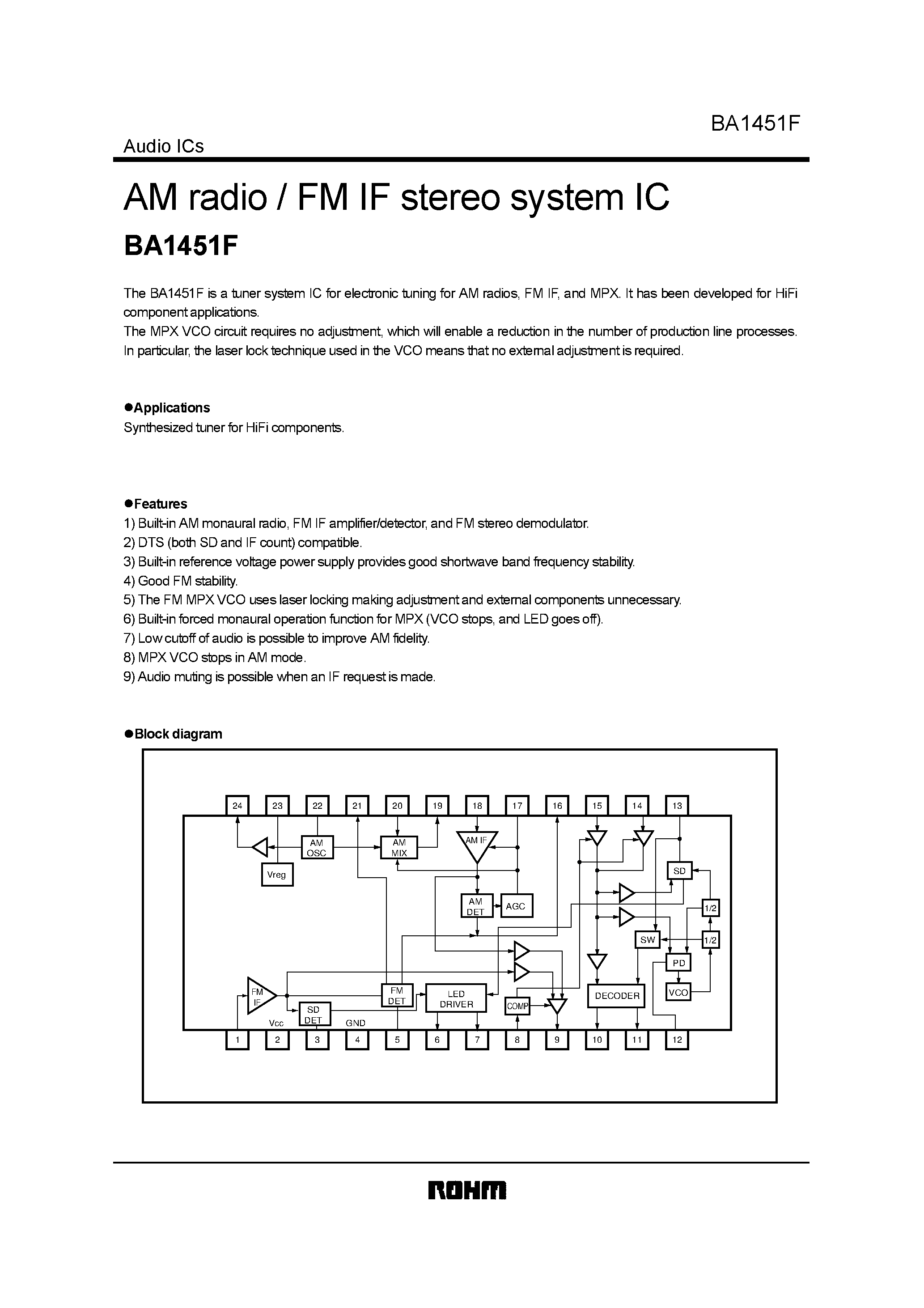 Datasheet BA1451 page 1 Datasheet BA1451 - AM radio / FM IF stereo system IC page 1