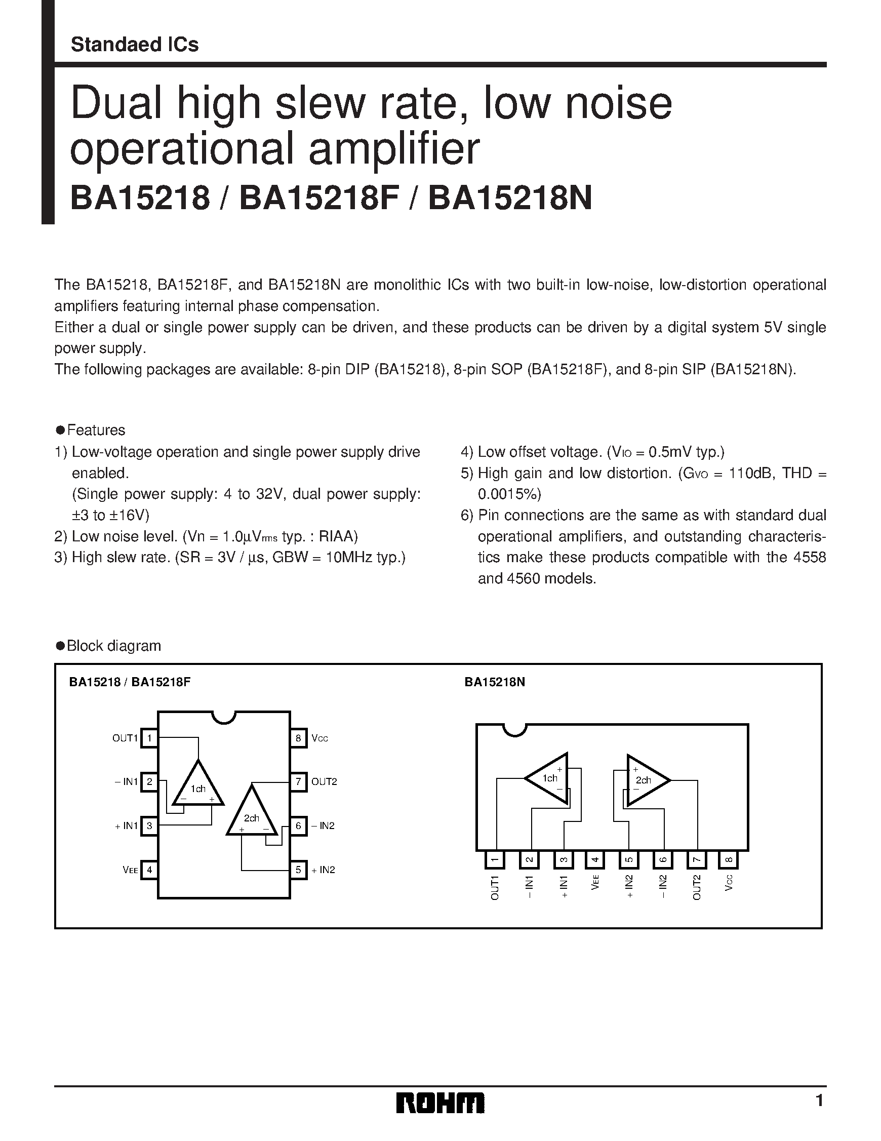 Даташит BA15218N - Dual high slew rate/ low noise operational amplifier страница 1