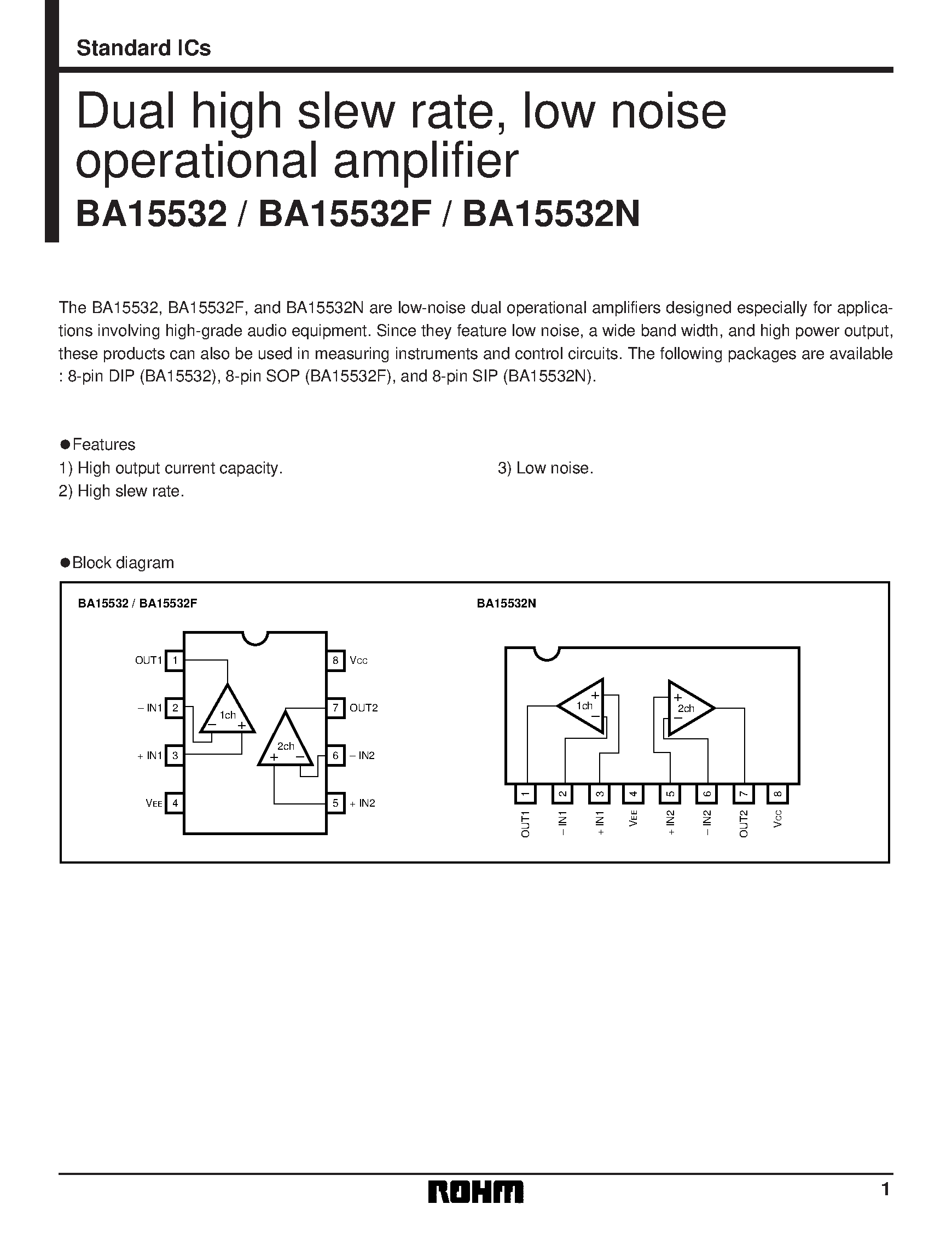 Datasheet BA15532 page 1 Datasheet BA15532 - Dual high slew rate/ low noise operational amplifier page 1