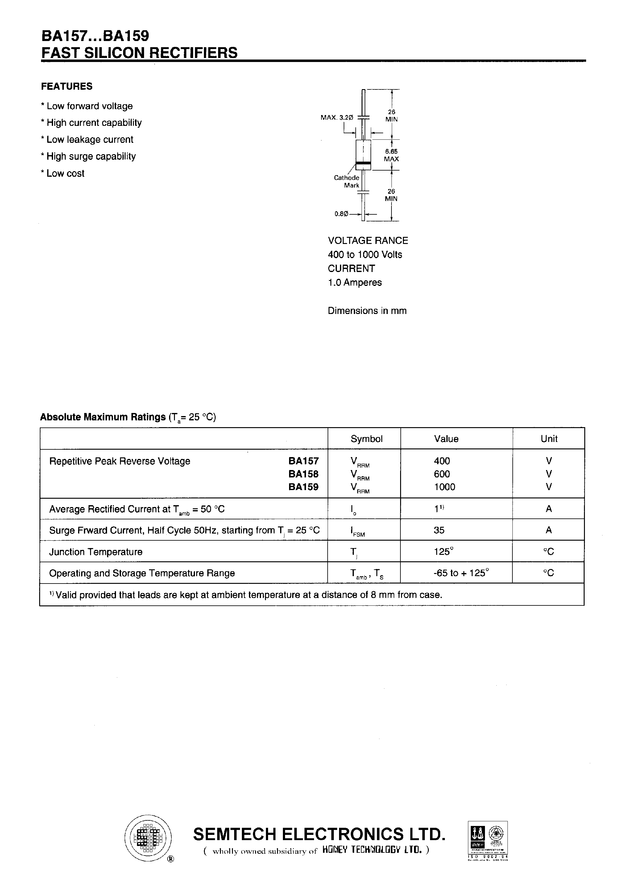 Datasheet BA157 page 1 Datasheet BA157 - FAST SIKICON RECTIFIERS page 1