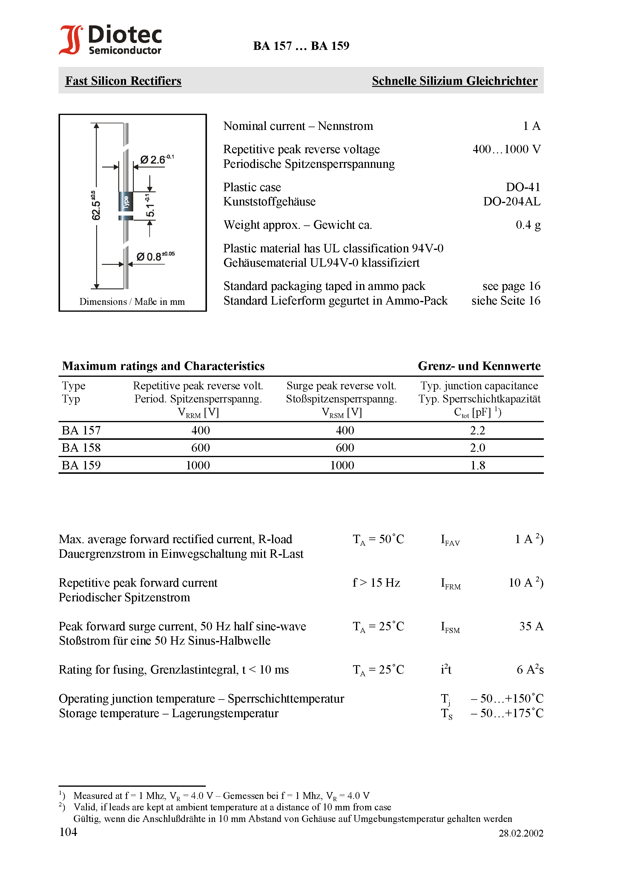 Datasheet BA157 page 1 Datasheet BA157 - Fast Silicon Rectifiers page 1