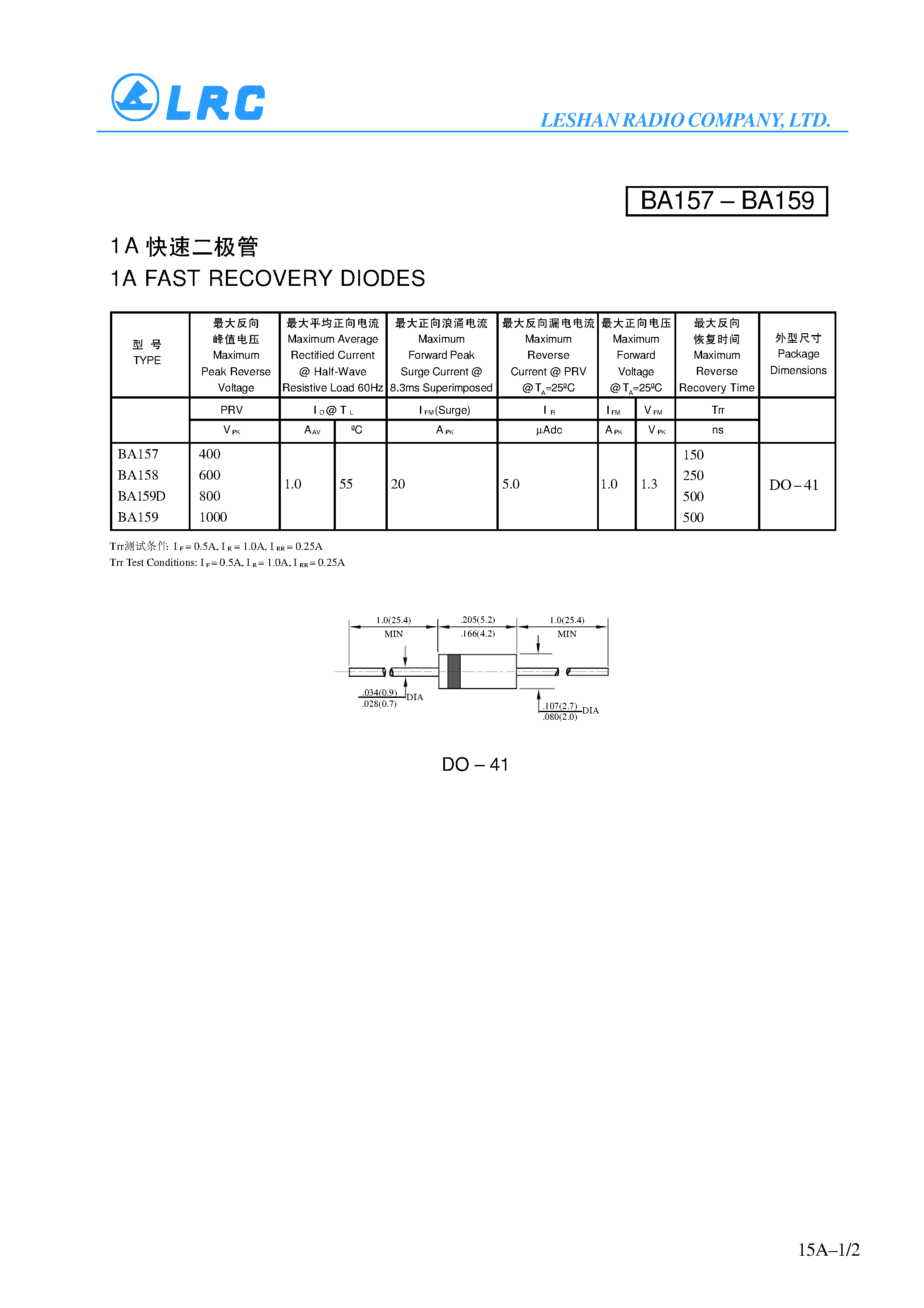 Datasheet BA158 - 1A FAST RECOVERY DIODES page 1