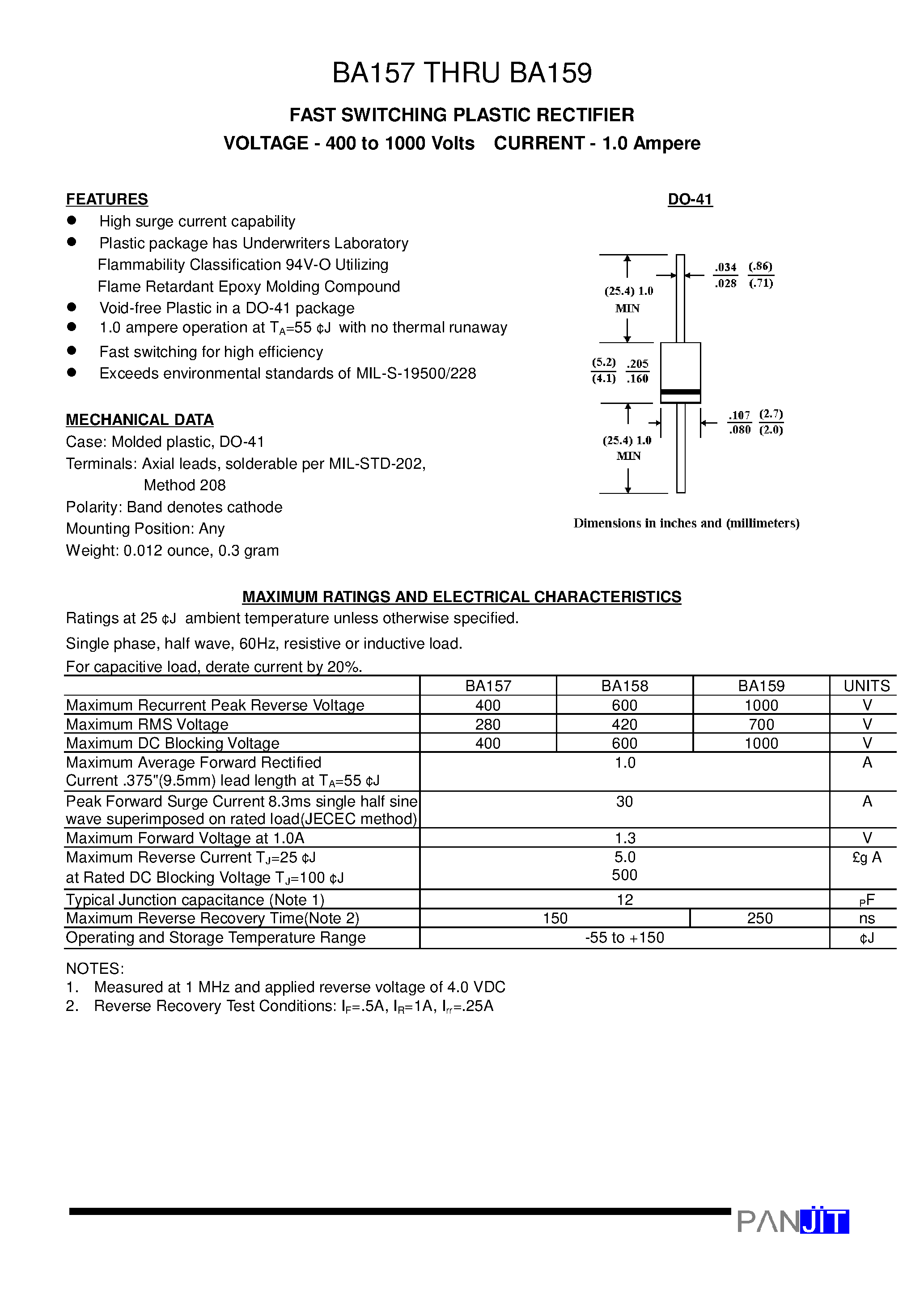 Datasheet BA158 - FAST SWITCHING PLASTIC RECTIFIER(VOLTAGE - 400 to 1000 Volts CURRENT - 1.0 Ampere) page 1