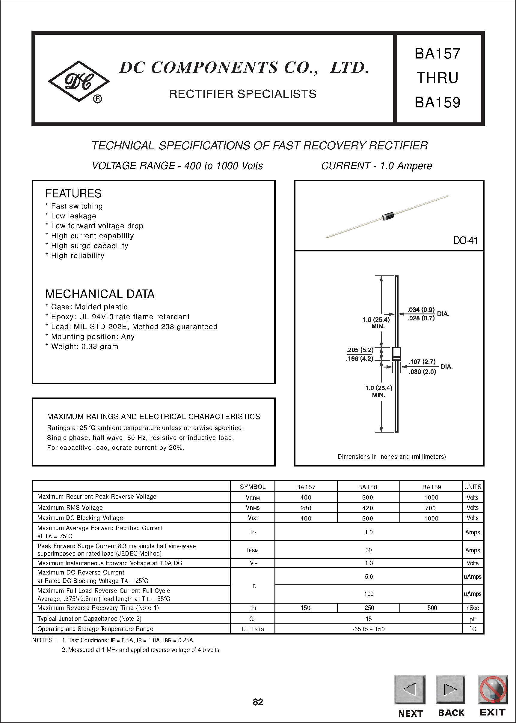Datasheet BA158 - TECHNICAL SPECIFICATIONS OF FAST RECOVERY RECTIFIER page 1
