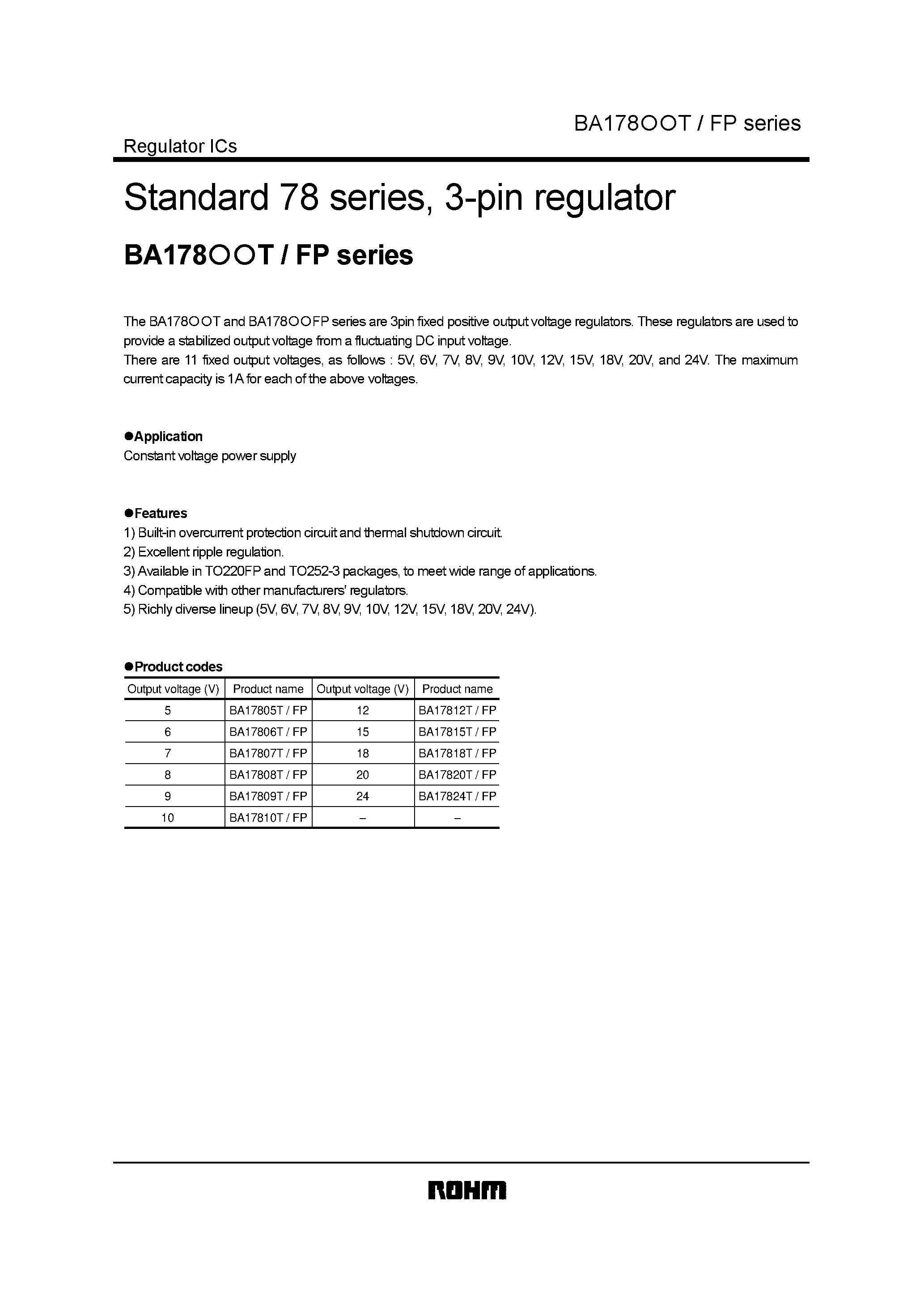 Даташит BA17820T - Standard 78 series/ 3-pin regulator страница 1