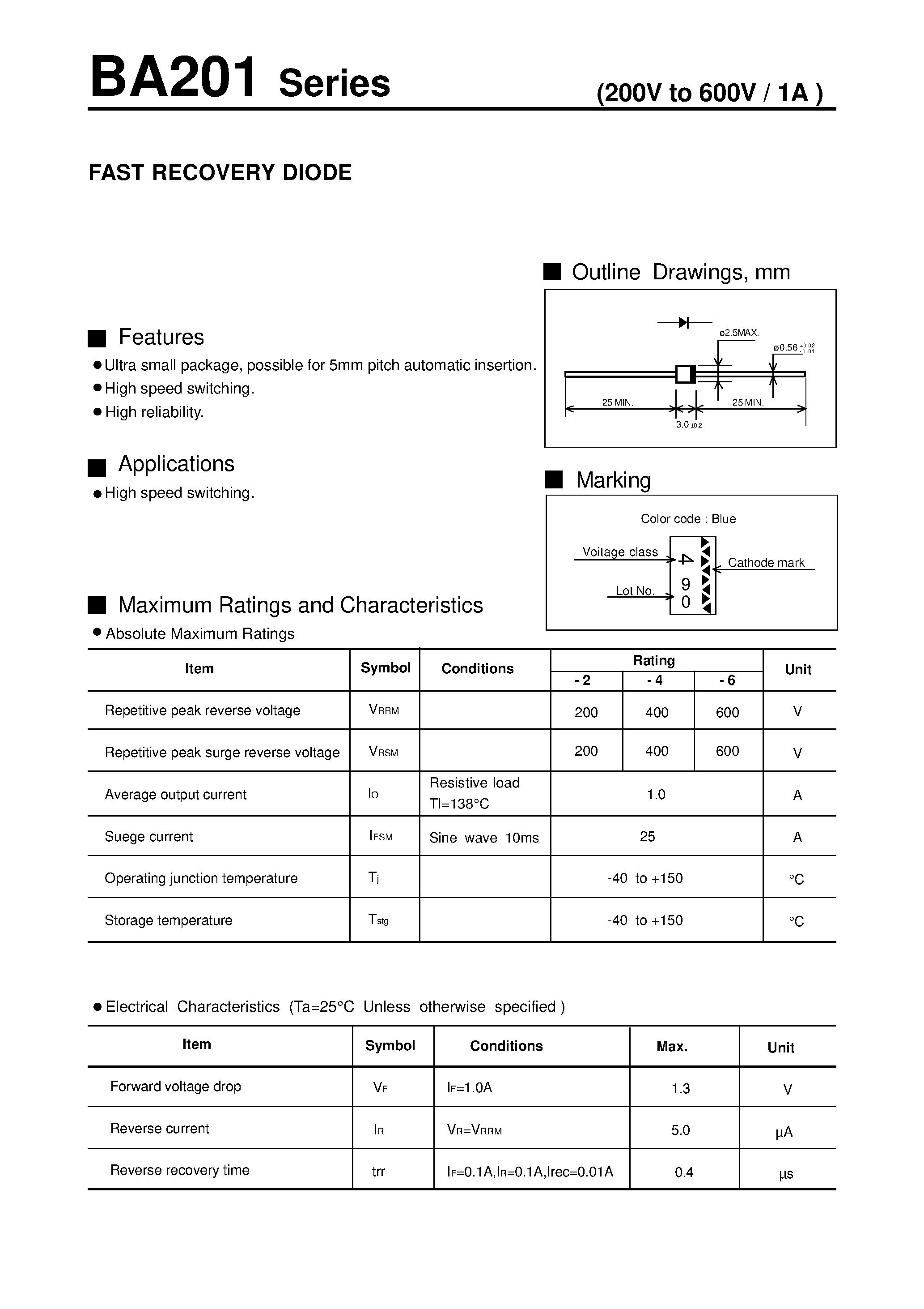 Datasheet BA201 - FAST RECOVERY DIODE page 1