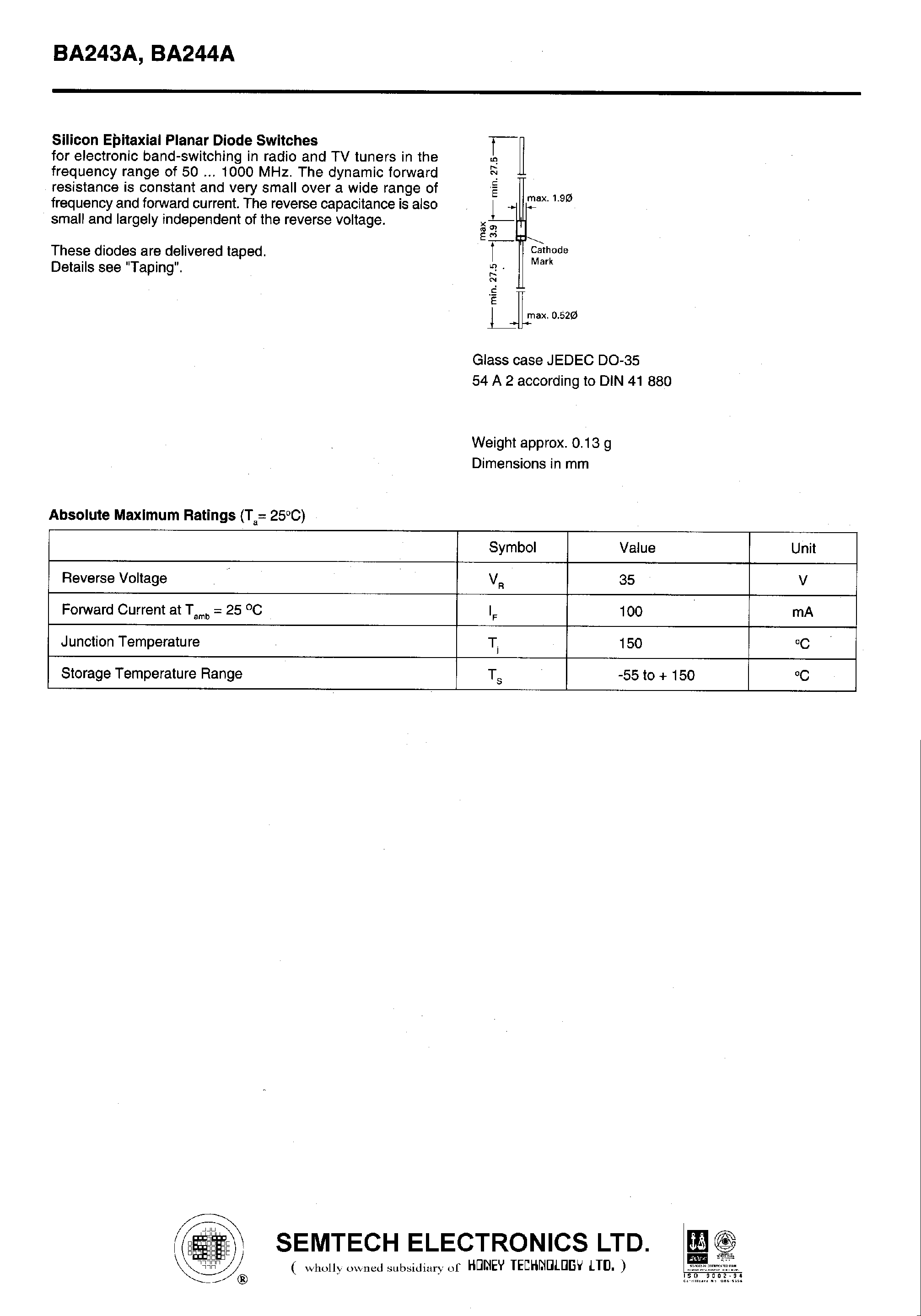 Даташит на микросхему BA243A страница 1 Даташит BA243A - Silicon Epitaxial Planar Diode Switches страница 1