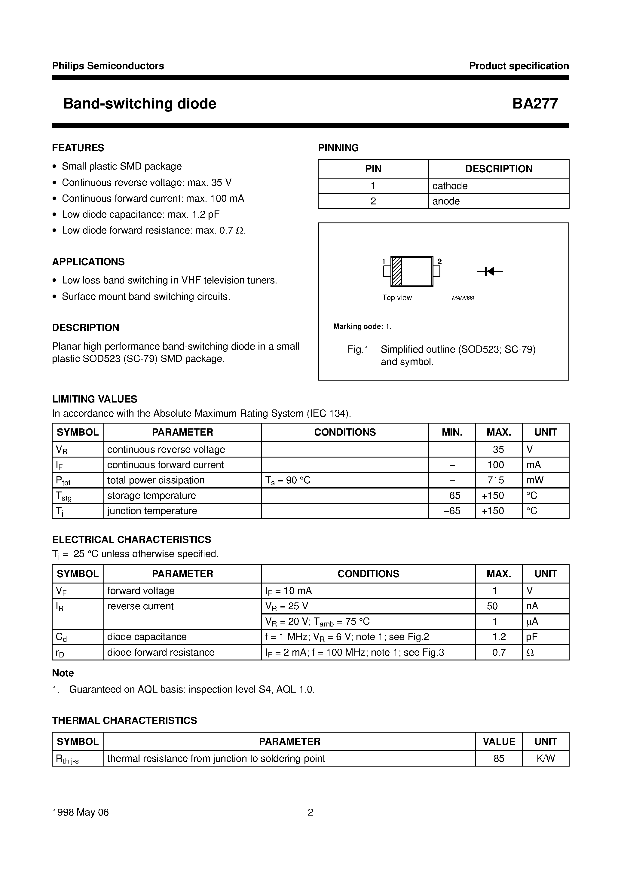 Datasheet BA277 - Band-switching diode page 2