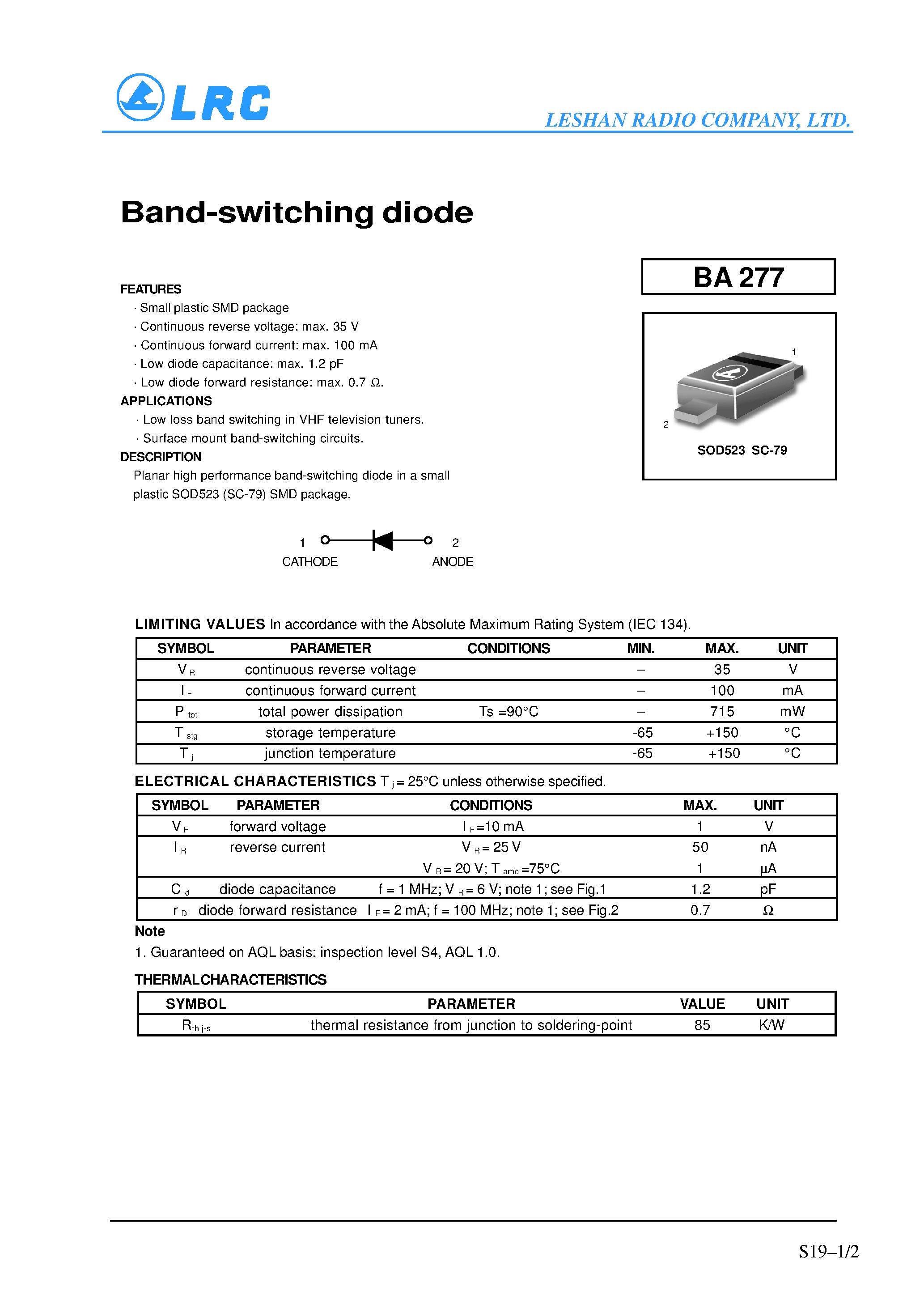 Даташит на микросхему BA277 страница 1 Даташит BA277 - Band-switching diode страница 1