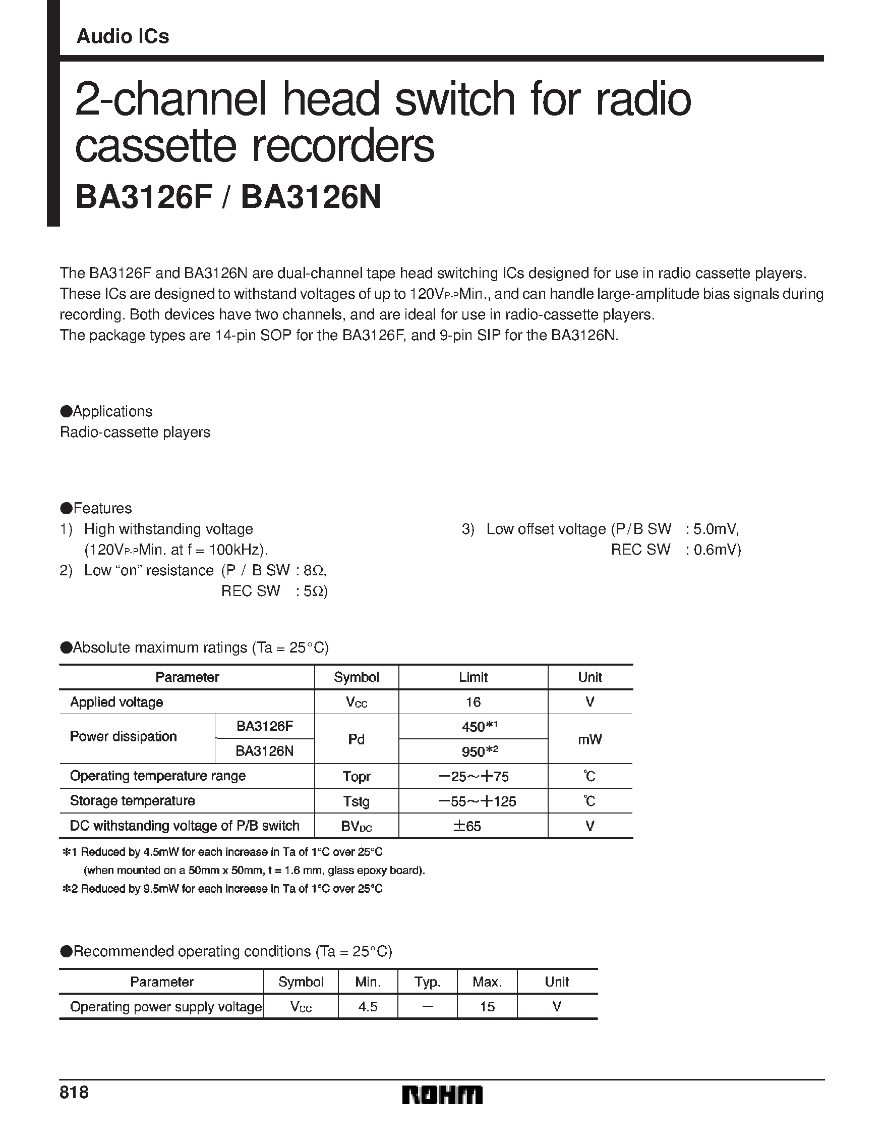 Даташит на микросхему BA3126F страница 1 Даташит BA3126F - 2-channel head switch for radio cassette recorders страница 1
