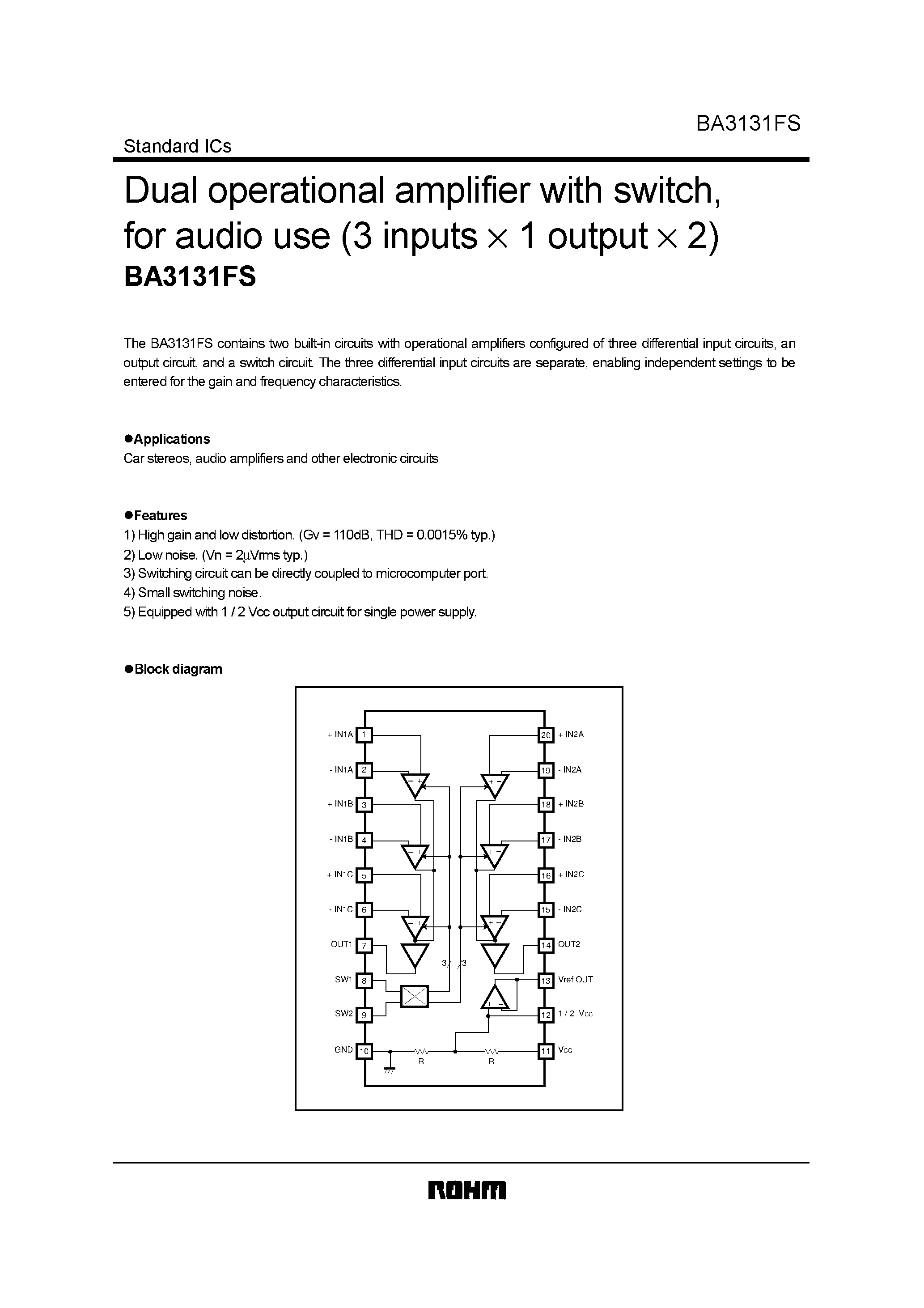 Datasheet BA3131 - Dual operational amplifier with switch/ for audio use (3 inputs 1 output 2) page 1