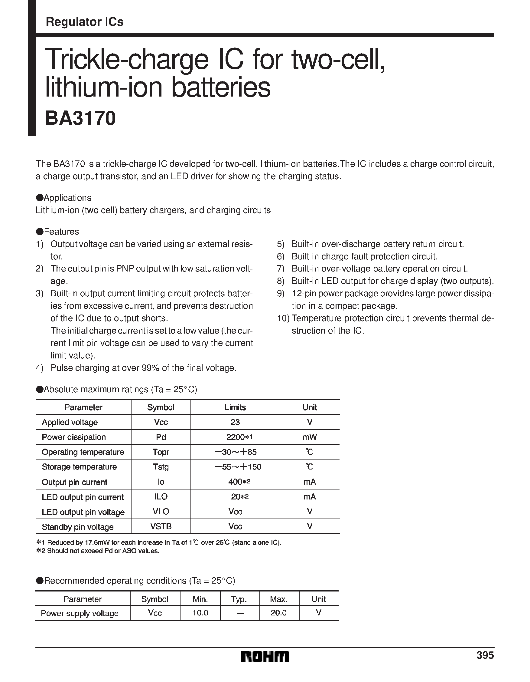 Datasheet BA3170 page 1 Datasheet BA3170 - Trickle-charge IC for two-cell/ lithium-ion batteries page 1