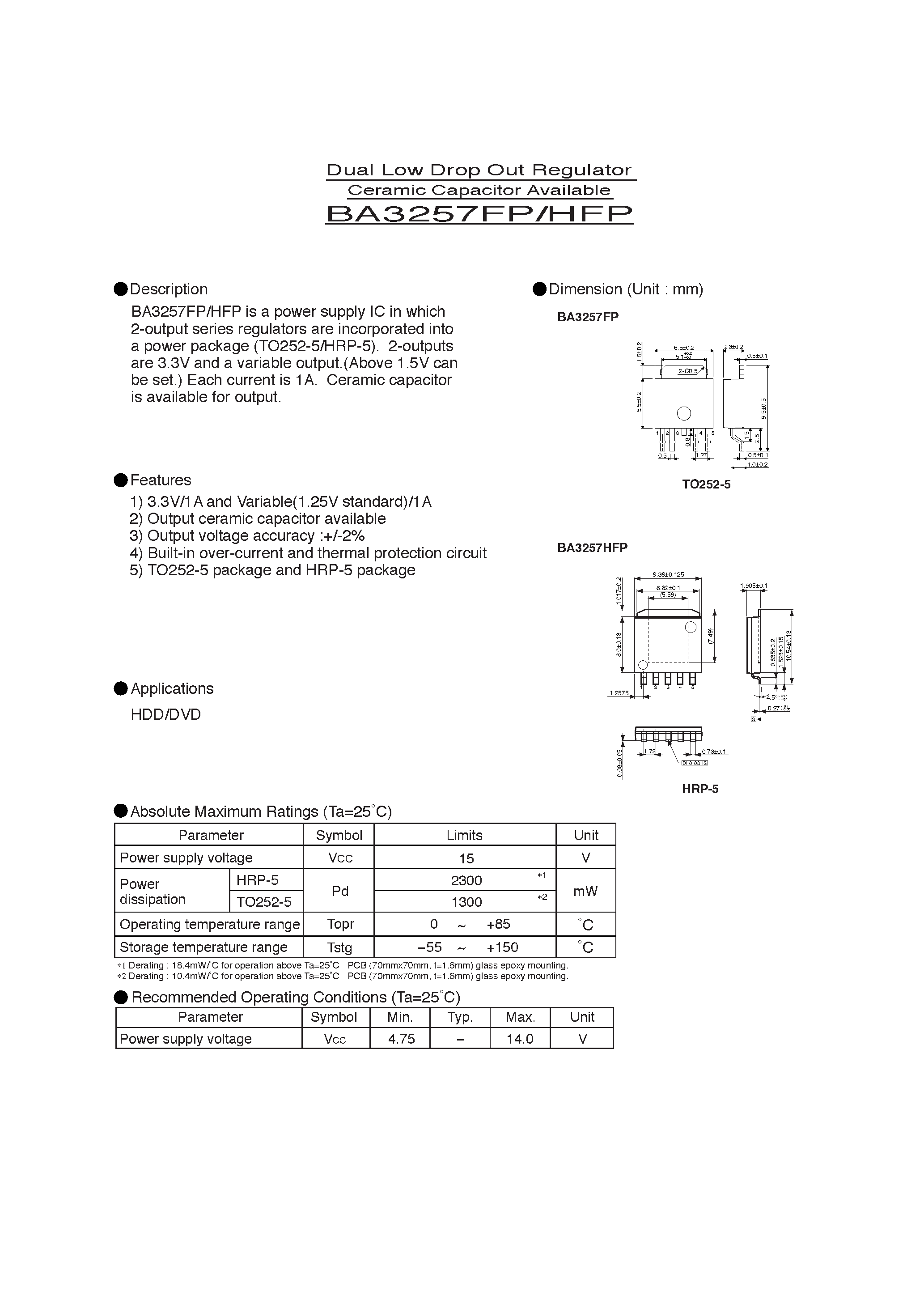 Даташит BA3257FPHFP - Dual Low Drop Out Regulator Ceramic Capacitor Available страница 1