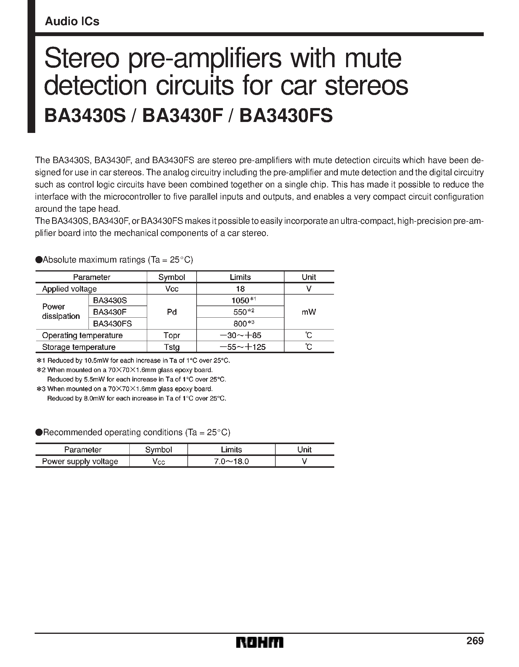Datasheet BA3430F - Stereo pre-amplifiers with mute detection circuits for car stereos page 1