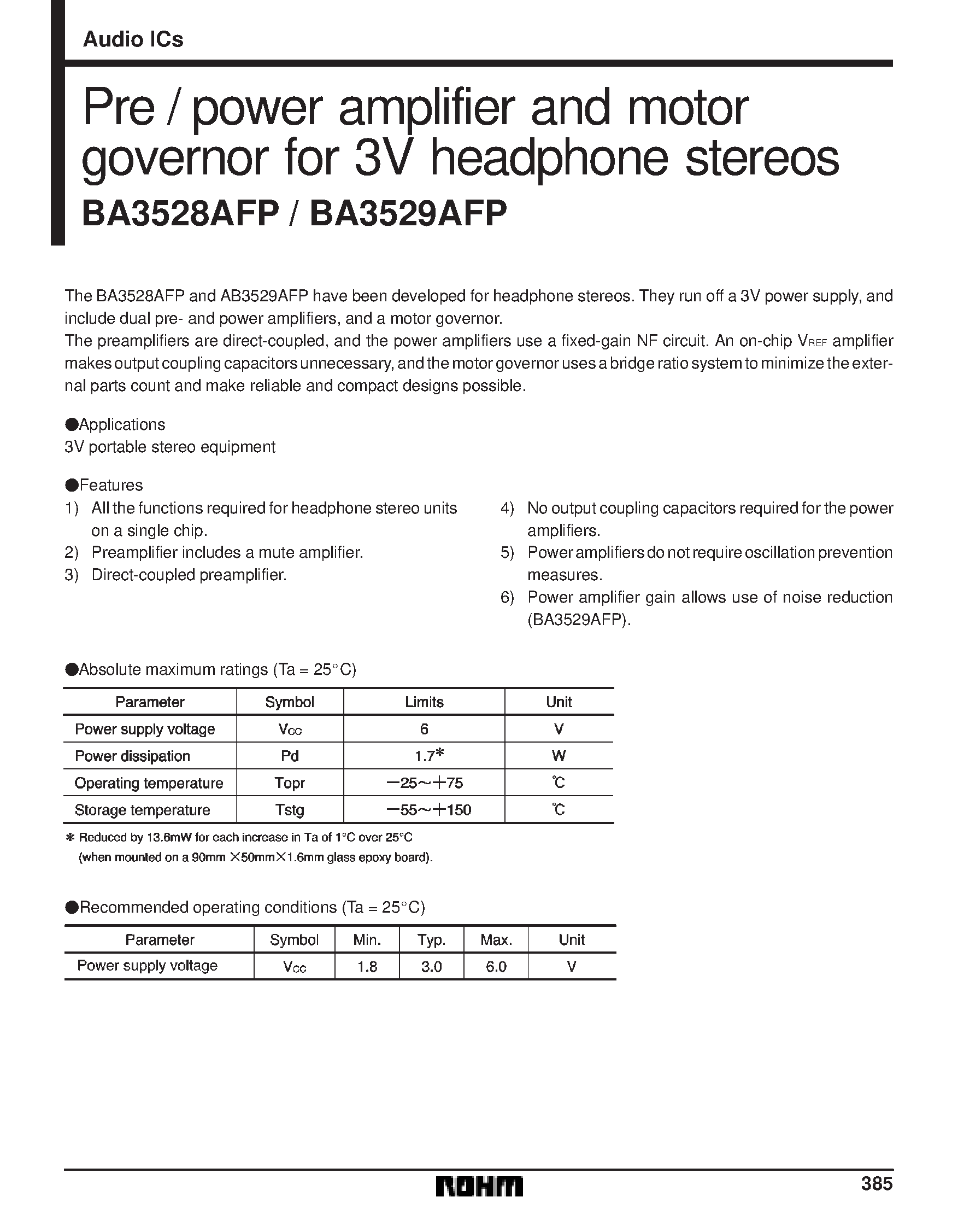 Даташит BA3528AFP - Pre / power amplifier and motor governor for 3V headphone stereos страница 1