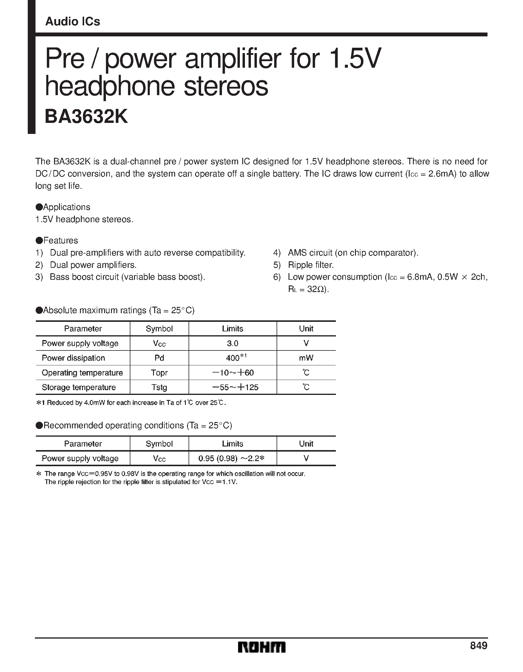 Даташит BA3632K - Pre / power amplifier for 1.5V headphone stereos страница 1