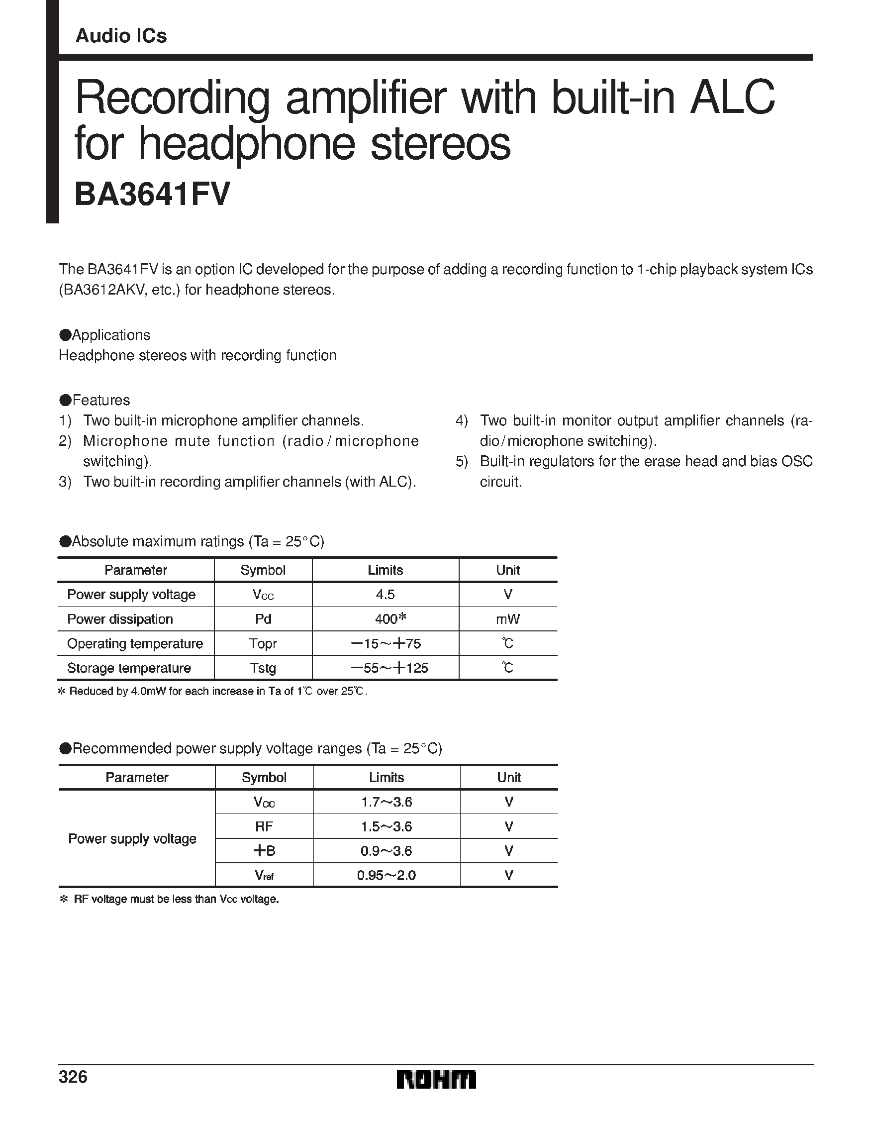 Даташит BA3641FV - Recording amplifier with built-in ALC for headphone stereos страница 1