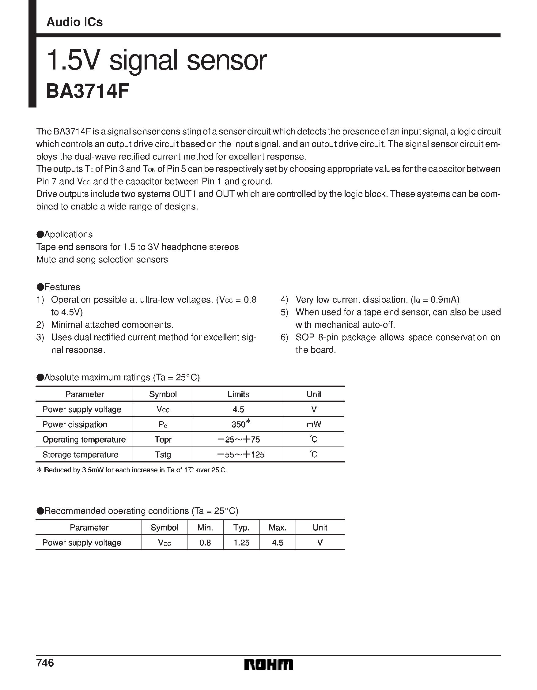 Даташит на микросхему BA3714F страница 1 Даташит BA3714F - 1.5V signal sensor страница 1