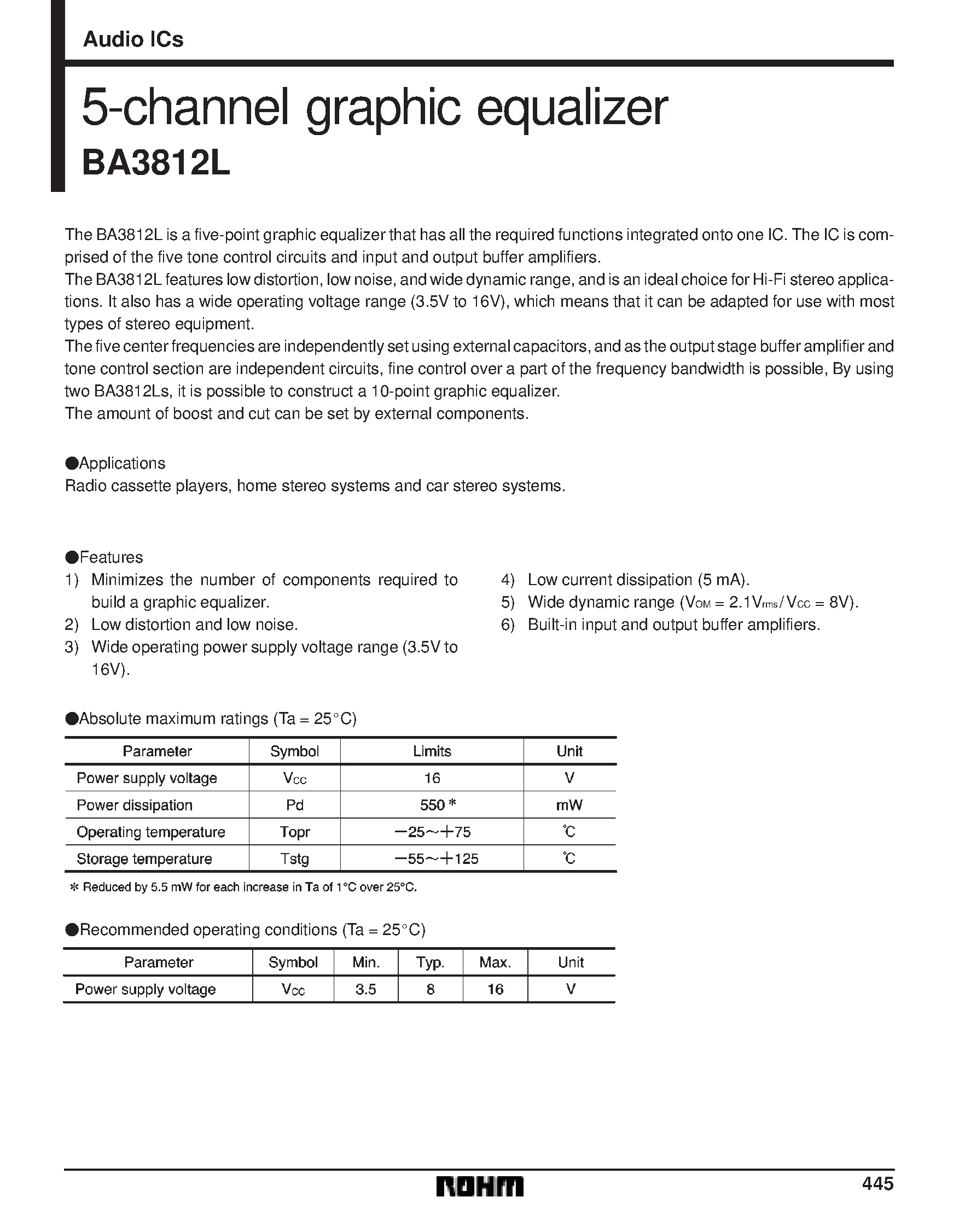 Datasheet BA3812L - 5-channel graphic equalizer page 1