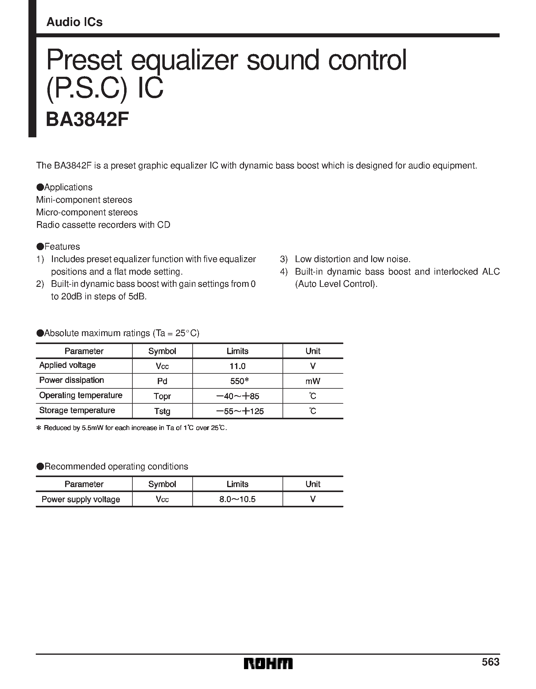 Даташит BA3842 - Preset equalizer sound control (P.S.C) IC страница 1