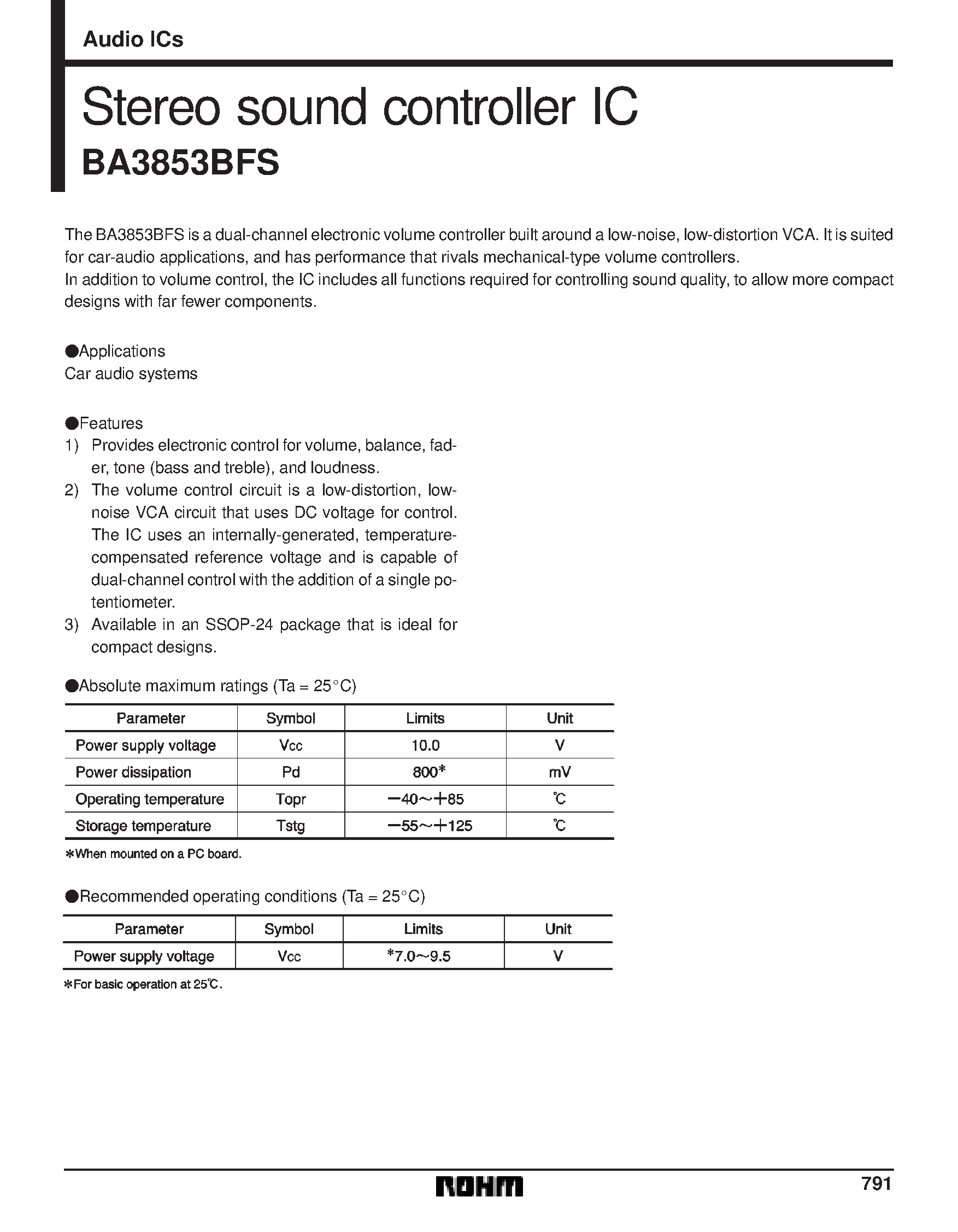 Даташит BA3853 - Stereo sound controller IC страница 1