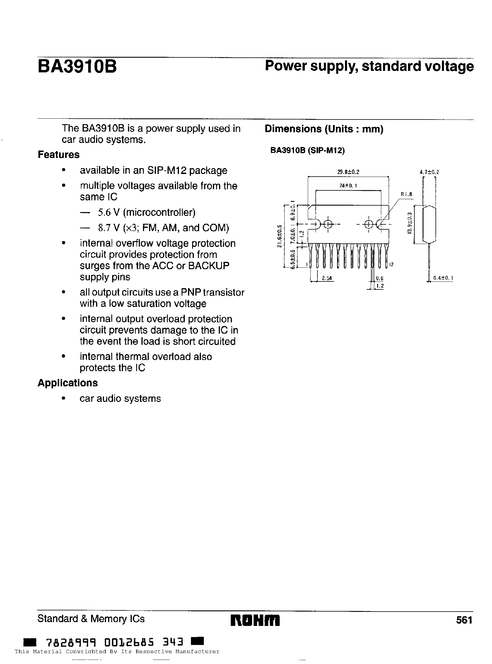 Даташит на микросхему BA3910B страница 1 Даташит BA3910B - Power supply/ standard voltage страница 1